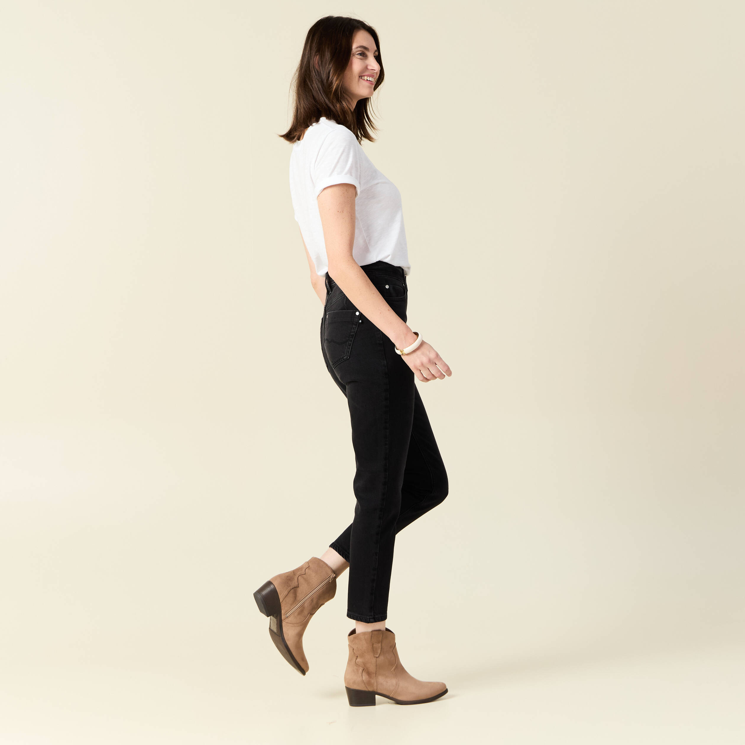 Jeans mom slim denim noir femme