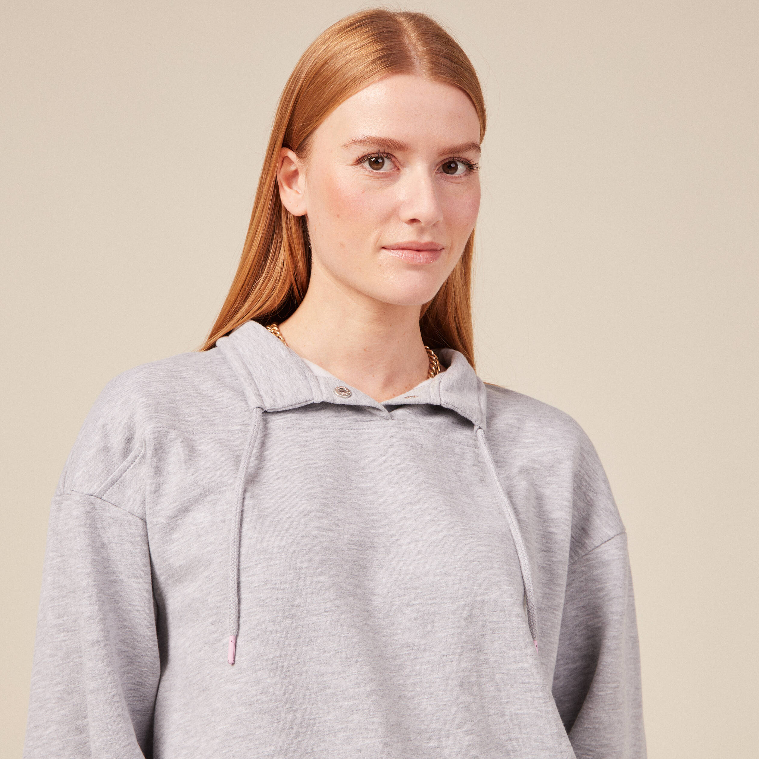 Sweat col camionneur boutonné gris femme