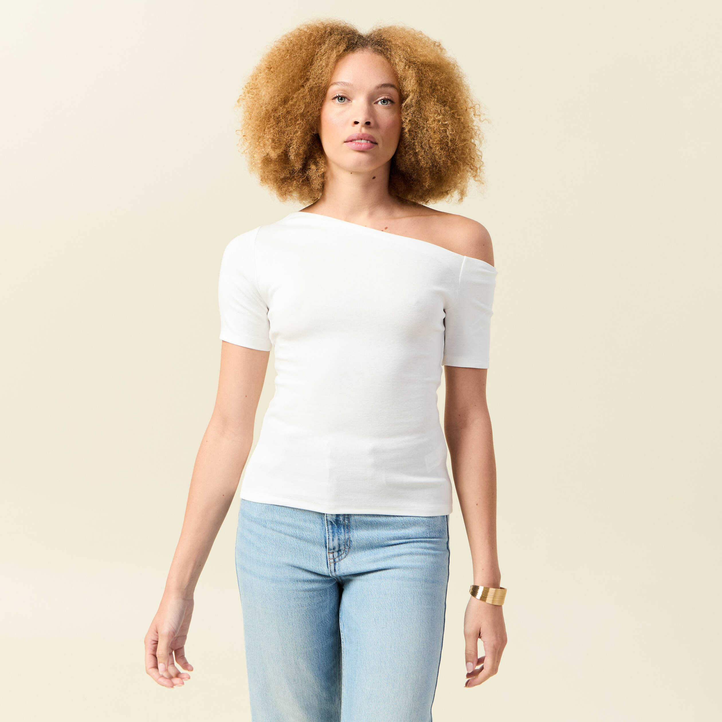 t shirt asymetrique manches courtes ecru femme T-shirt asymétrique manches courtes ecru femme
