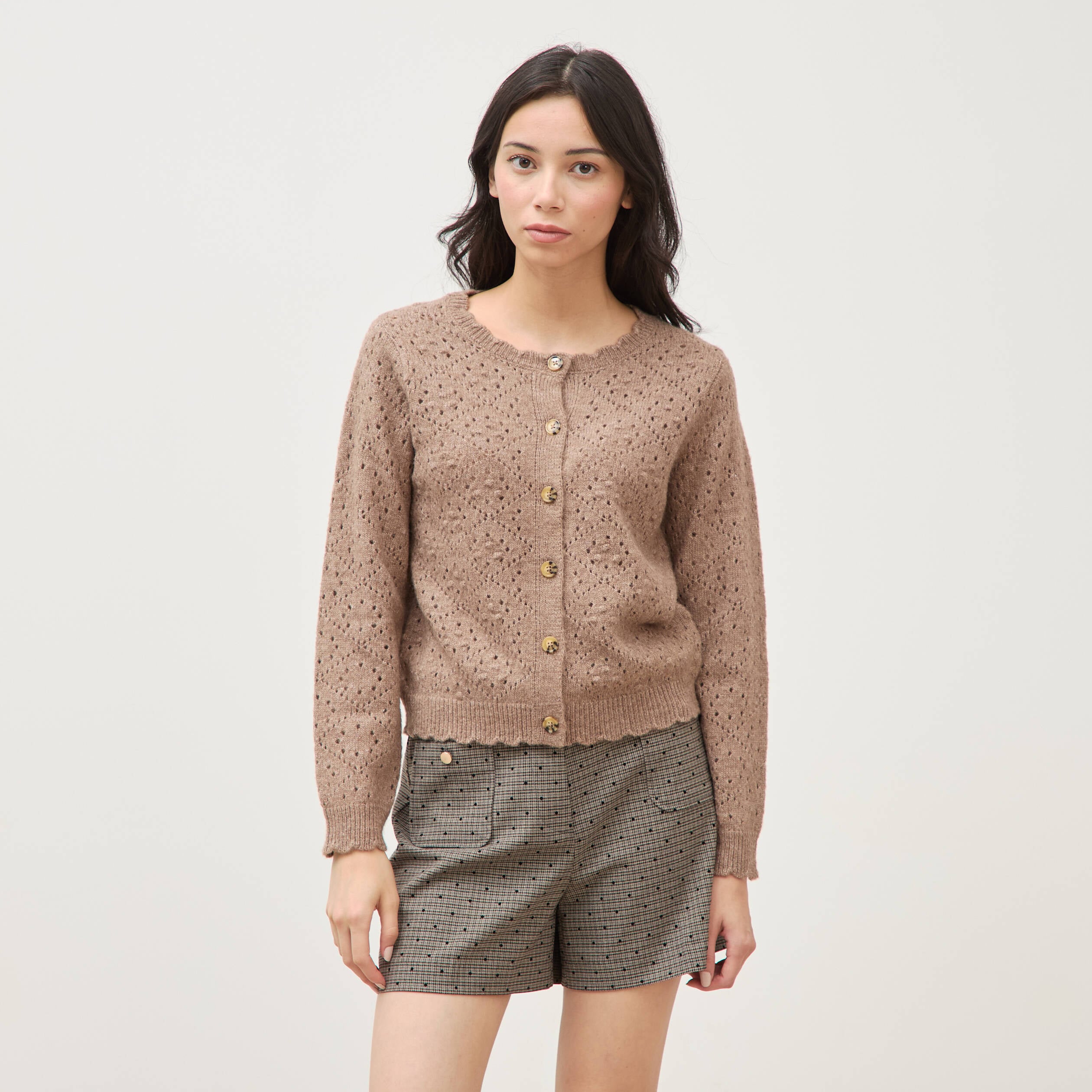 Gilet manches longues col rond taupe femme