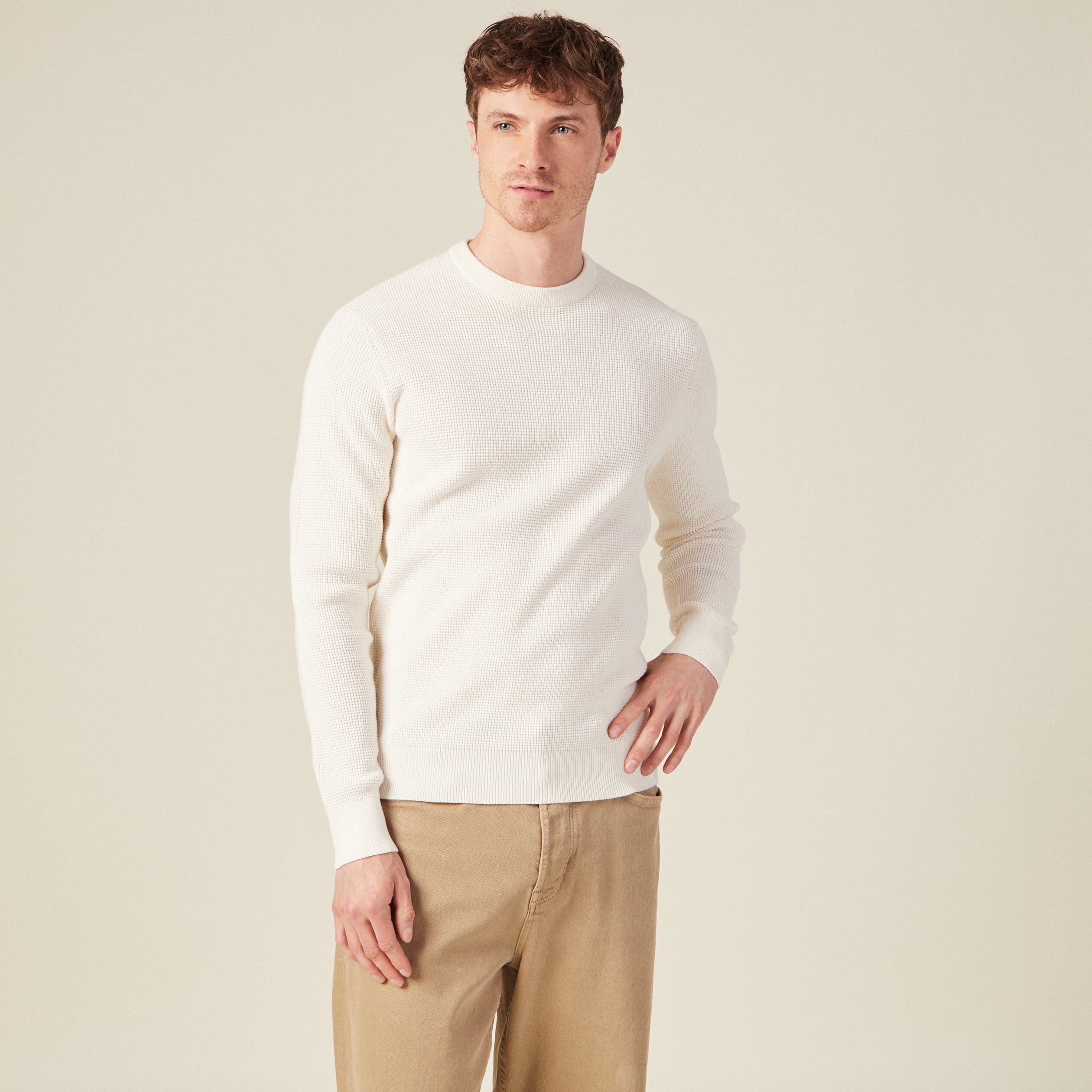 Pull manches longues col rond ecru homme