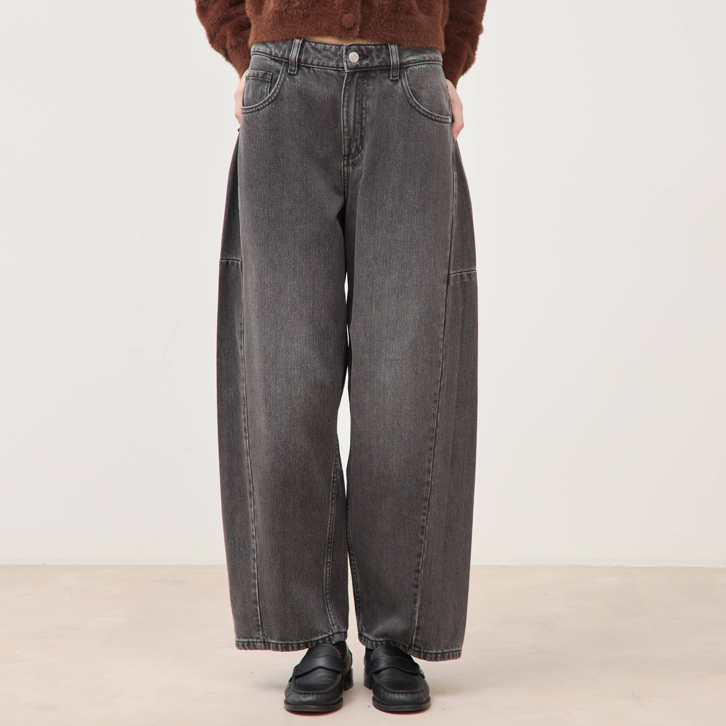 Jeans barrel taille standard denim gris femme