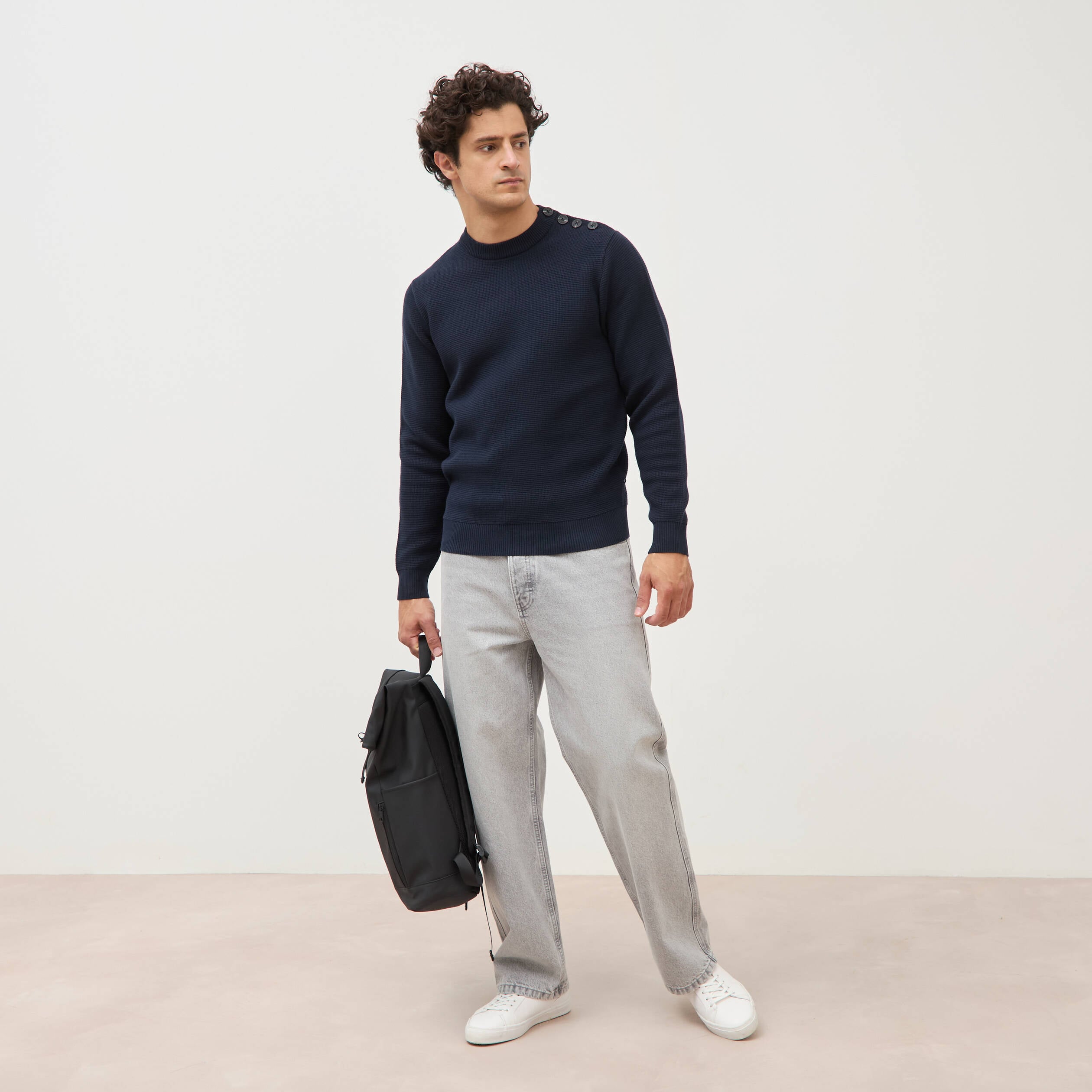 Pull manches longues col rond bleu marine homme