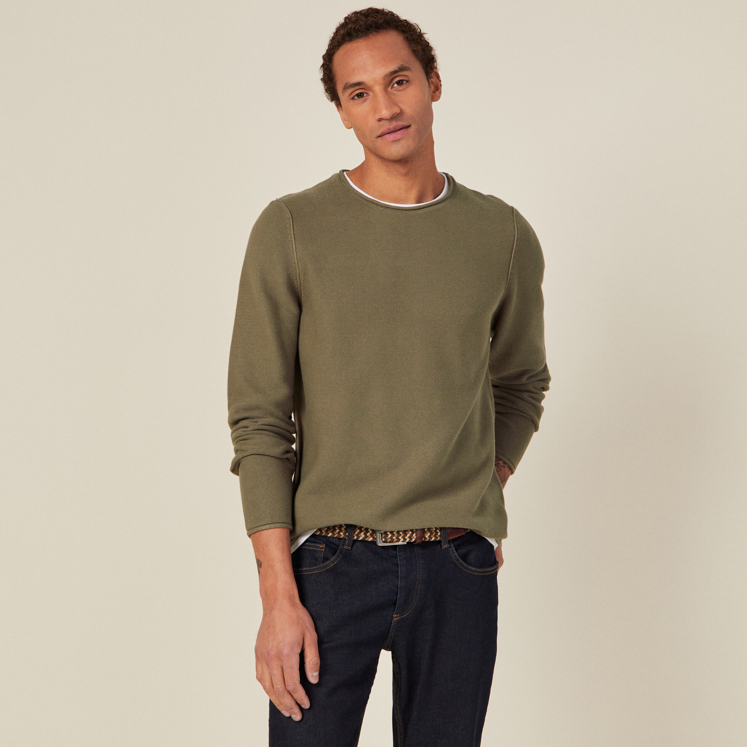 Pull manches longues vert kaki homme