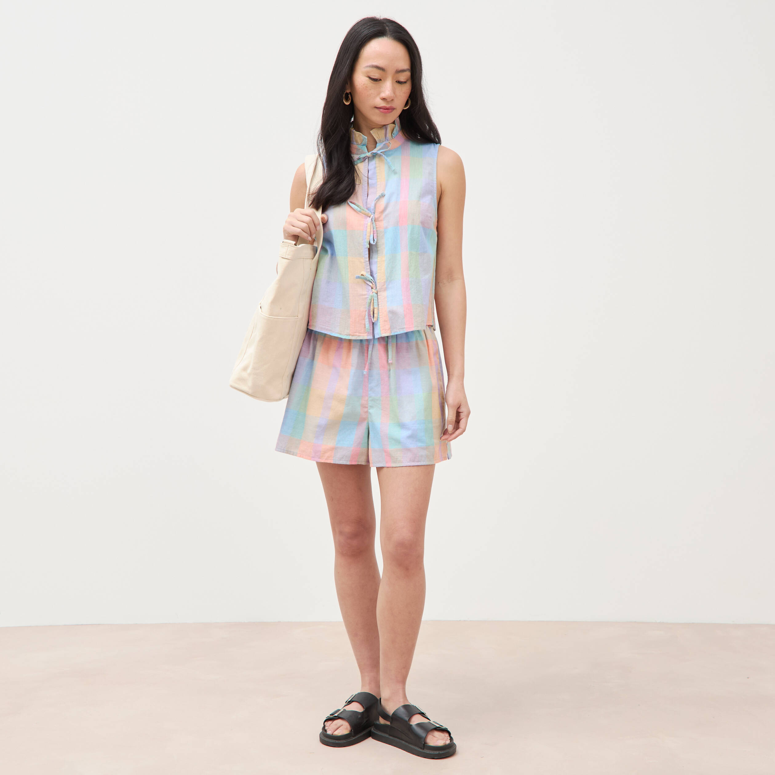 Short &agrave; carreaux en coton doubl&eacute; multicolore femme