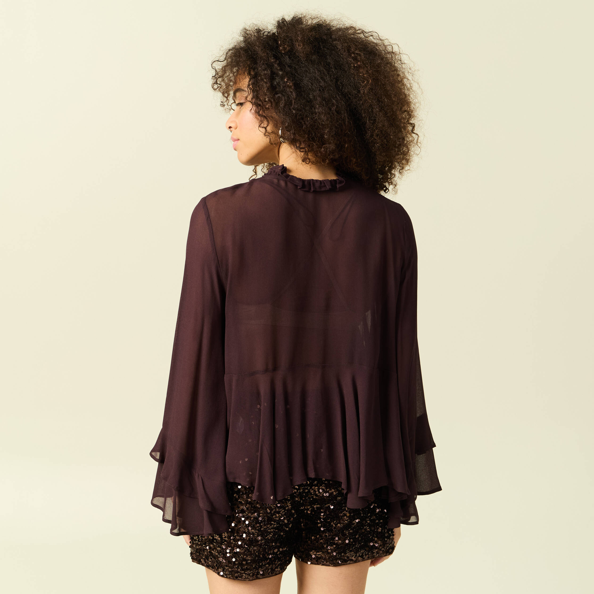 Blouse manches longues col ras de cou marron fonc&eacute; femme
