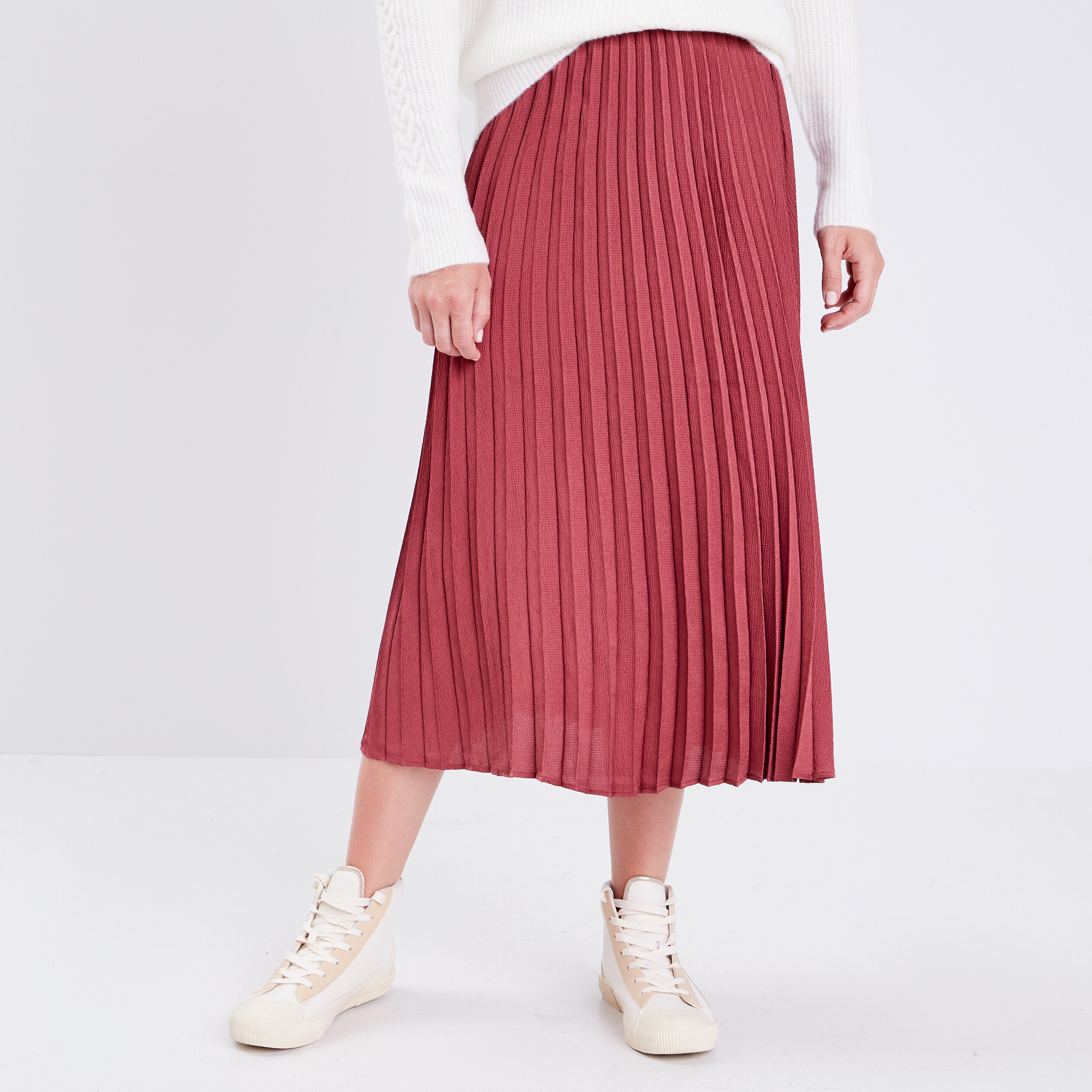 Jupe midi droite plissée vieux rose femme
