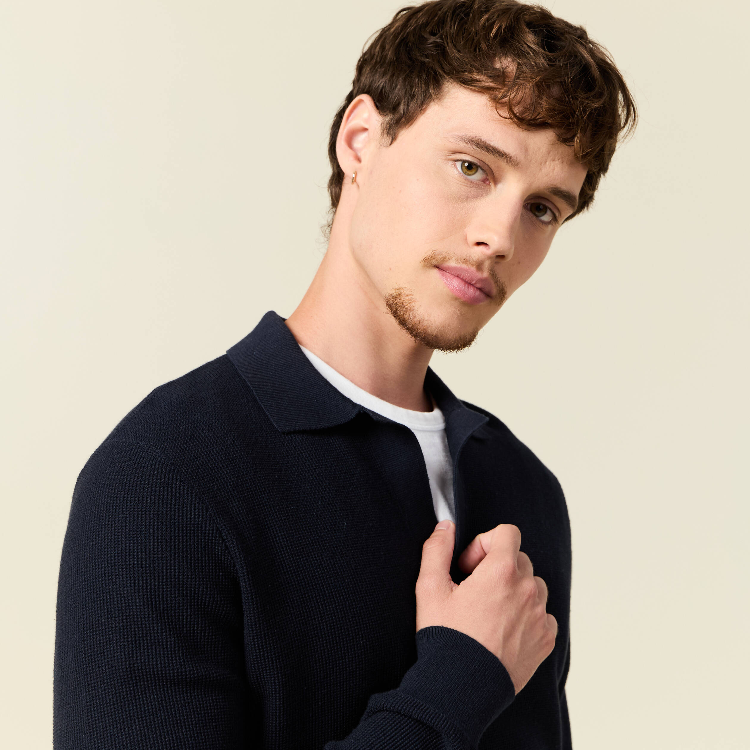 Pull droit col polo manches longues bleu marine homme