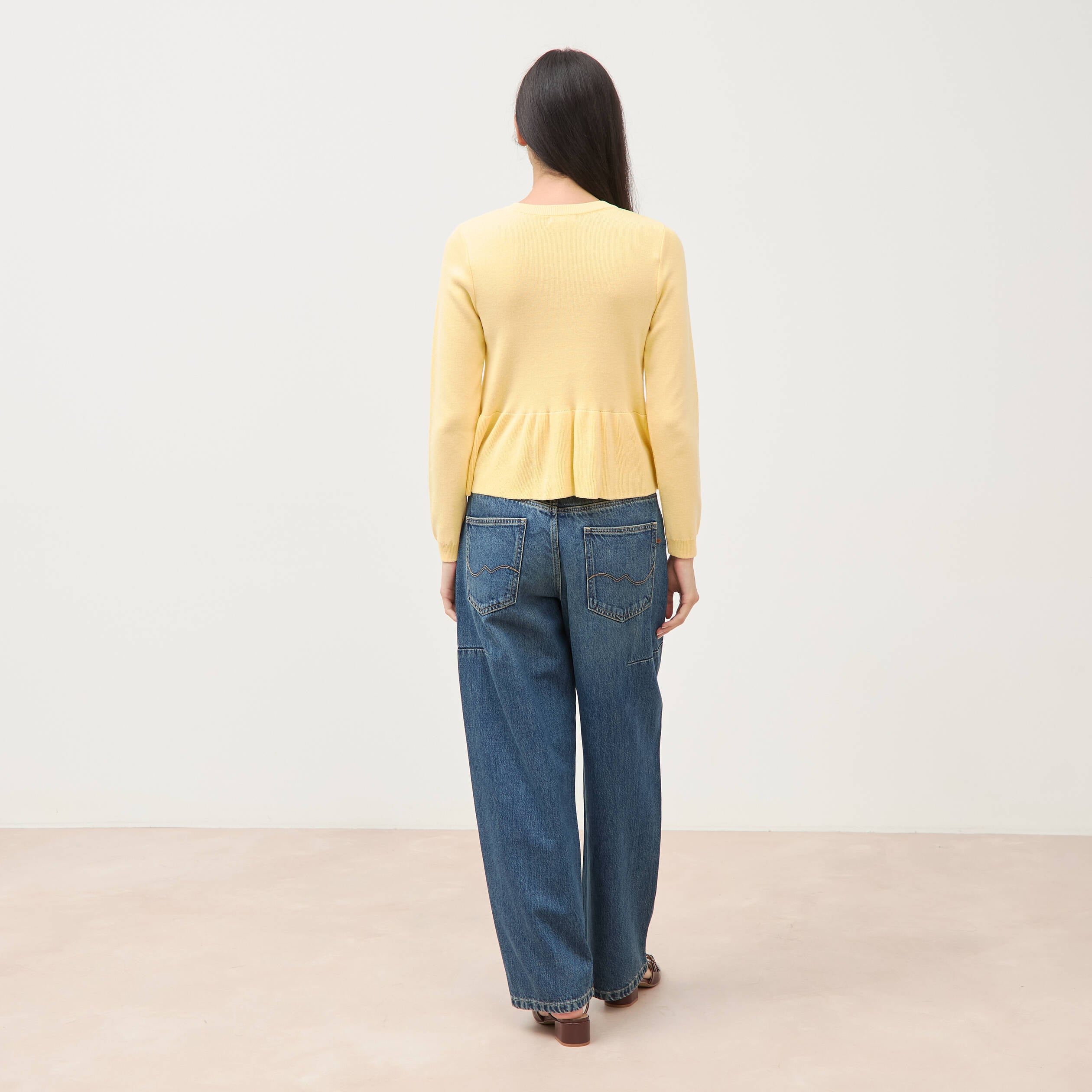 Pull col rond manches longues jaune clair femme