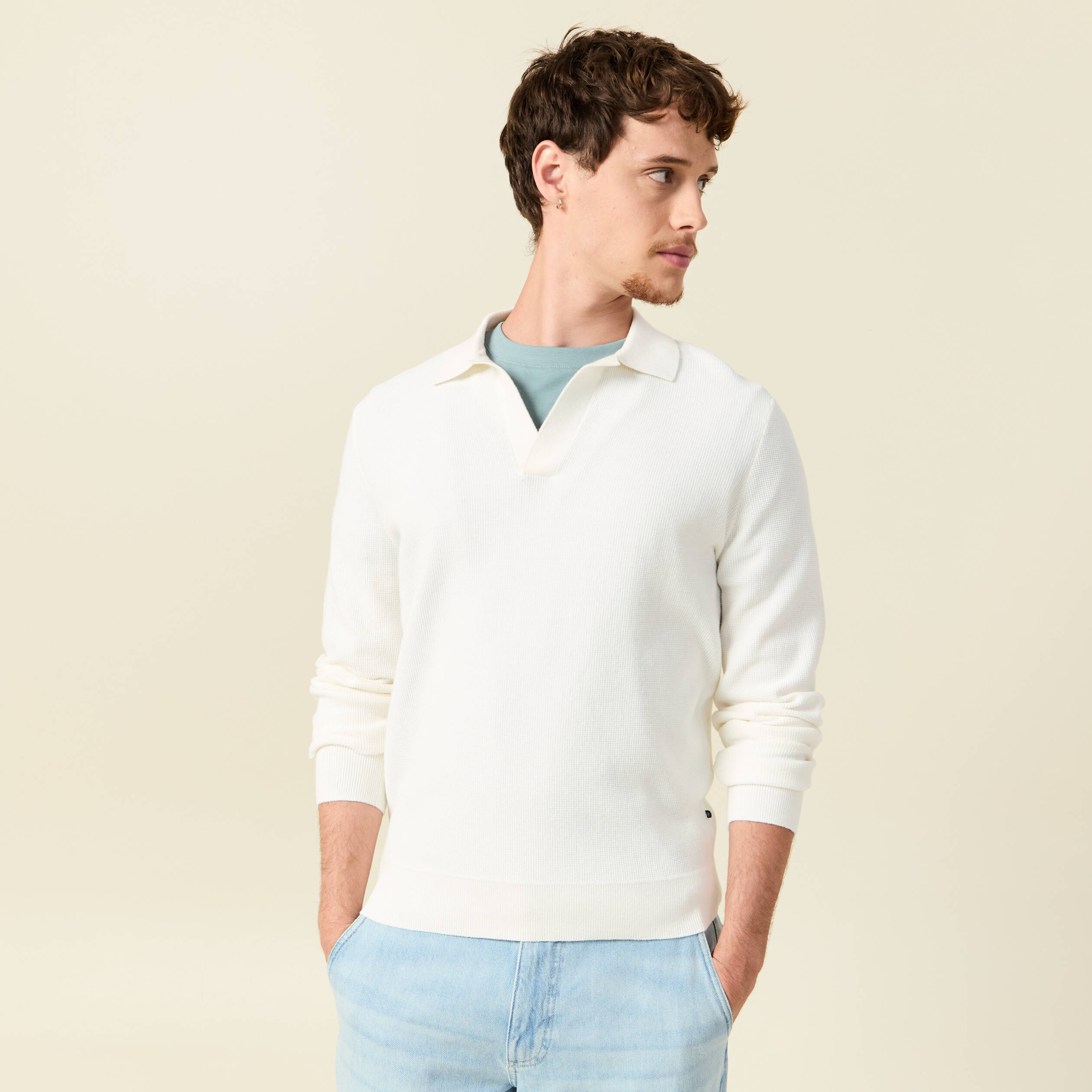 Pull droit col polo manches longues ecru homme