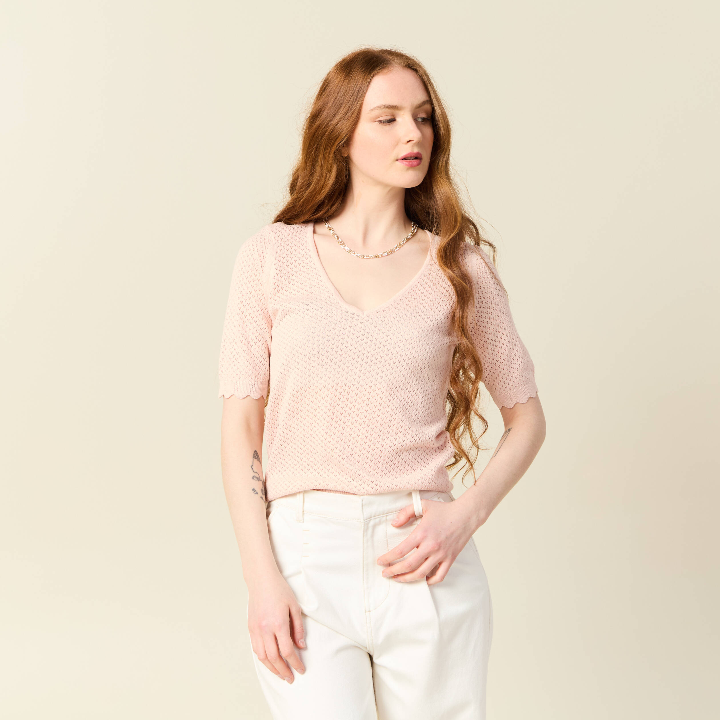 pull manches courtes ajoure rose poudree femme Pull manches courtes ajouré rose poudrée femme