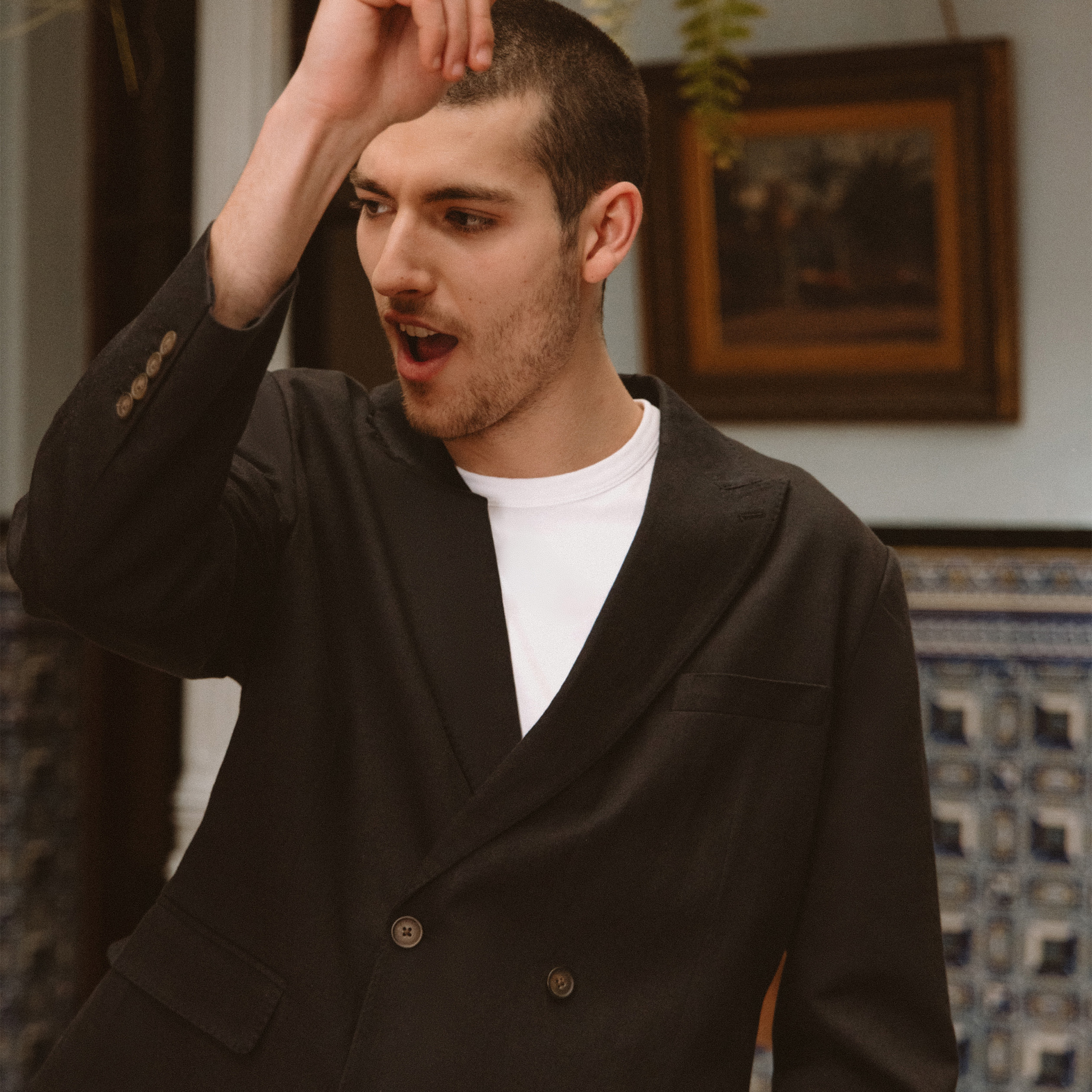 Blazer cintr&eacute; manches longues doubl&eacute; noir homme