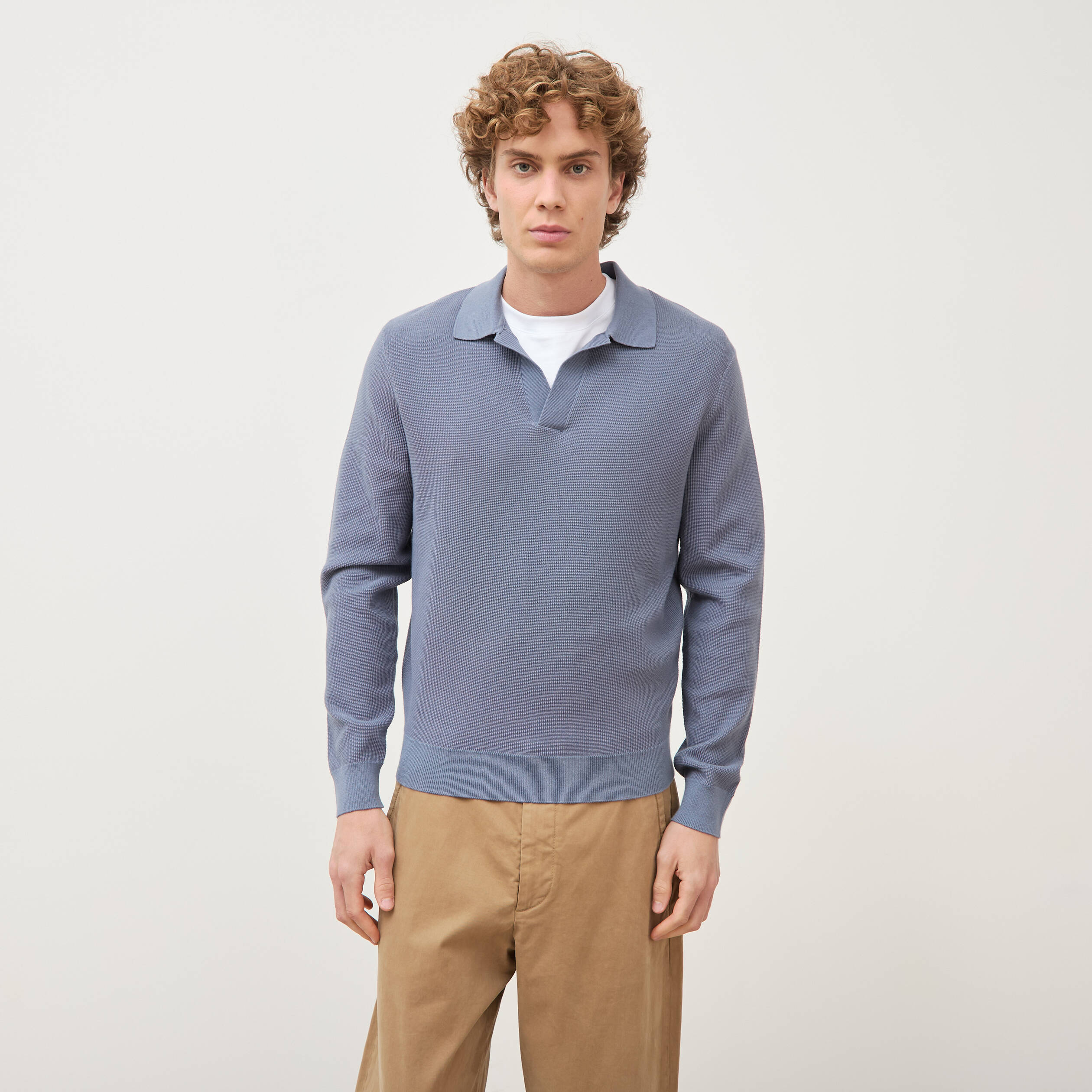 Pull droit col polo manches longues bleu gris homme