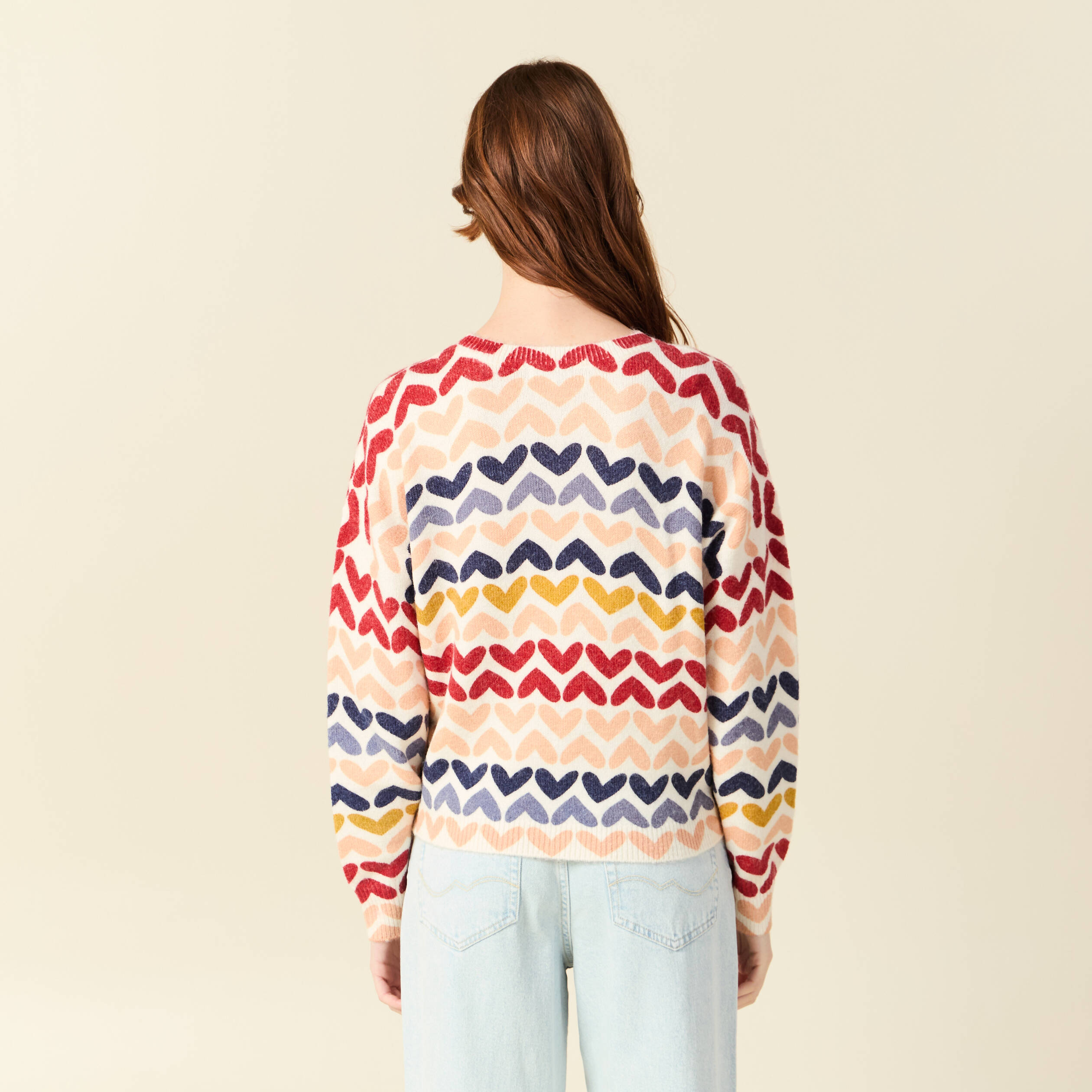 Pull col rond manches longues ecru femme