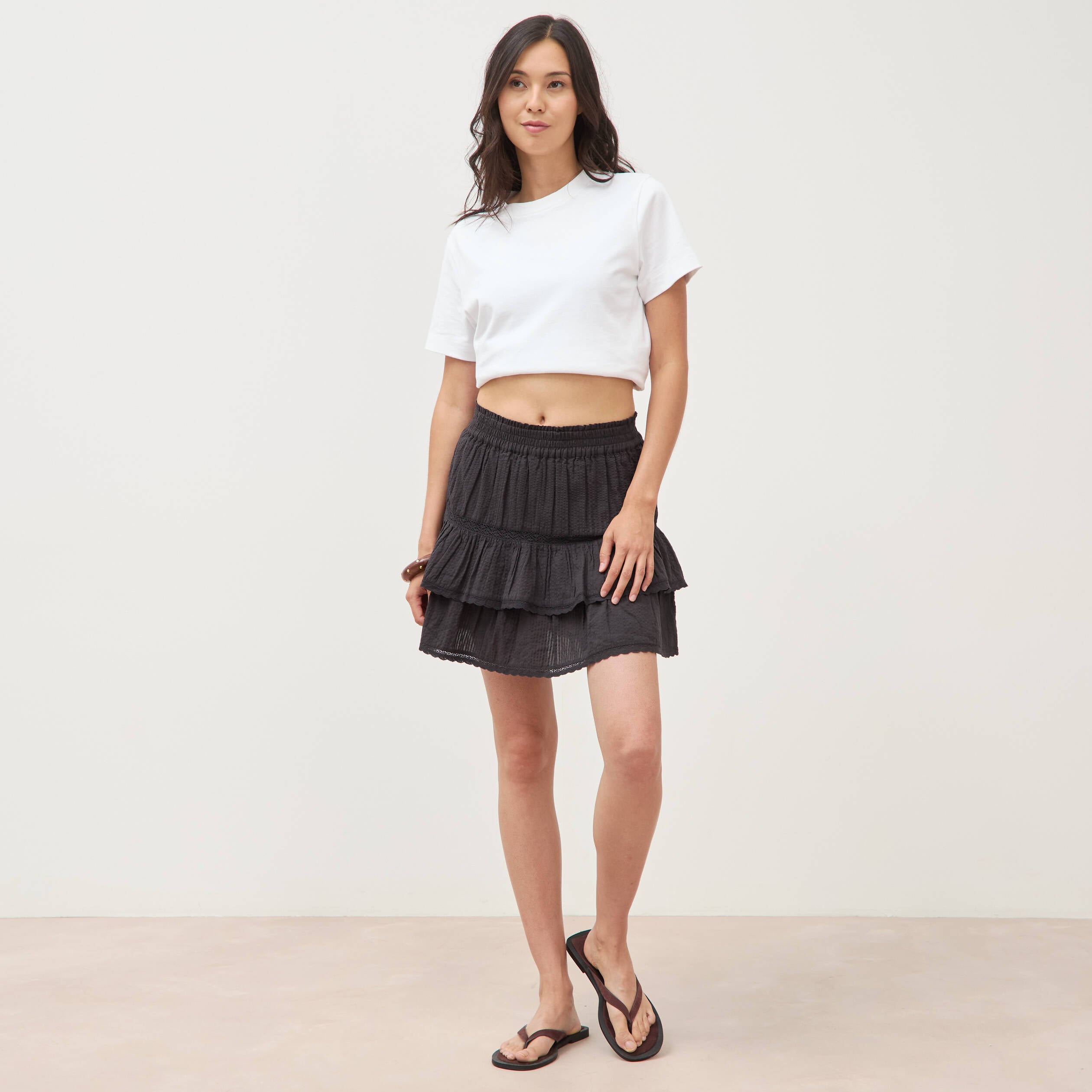 Mini-jupe fluide en coton doubl&eacute;e noir femme