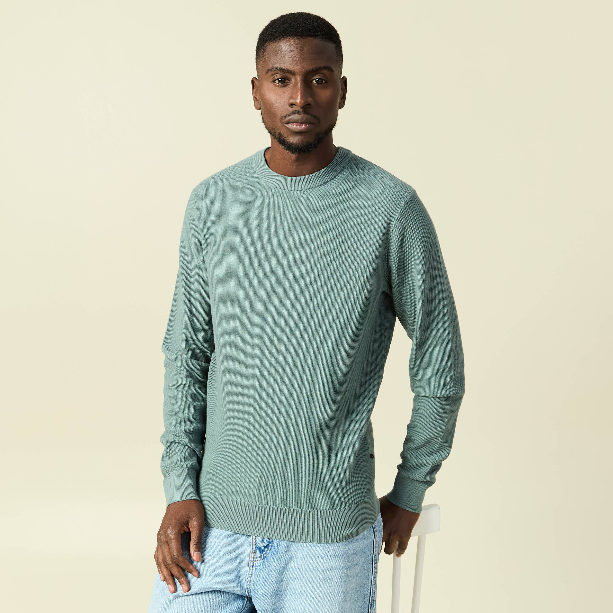 Pull fin col rond manches longues bleu gris homme