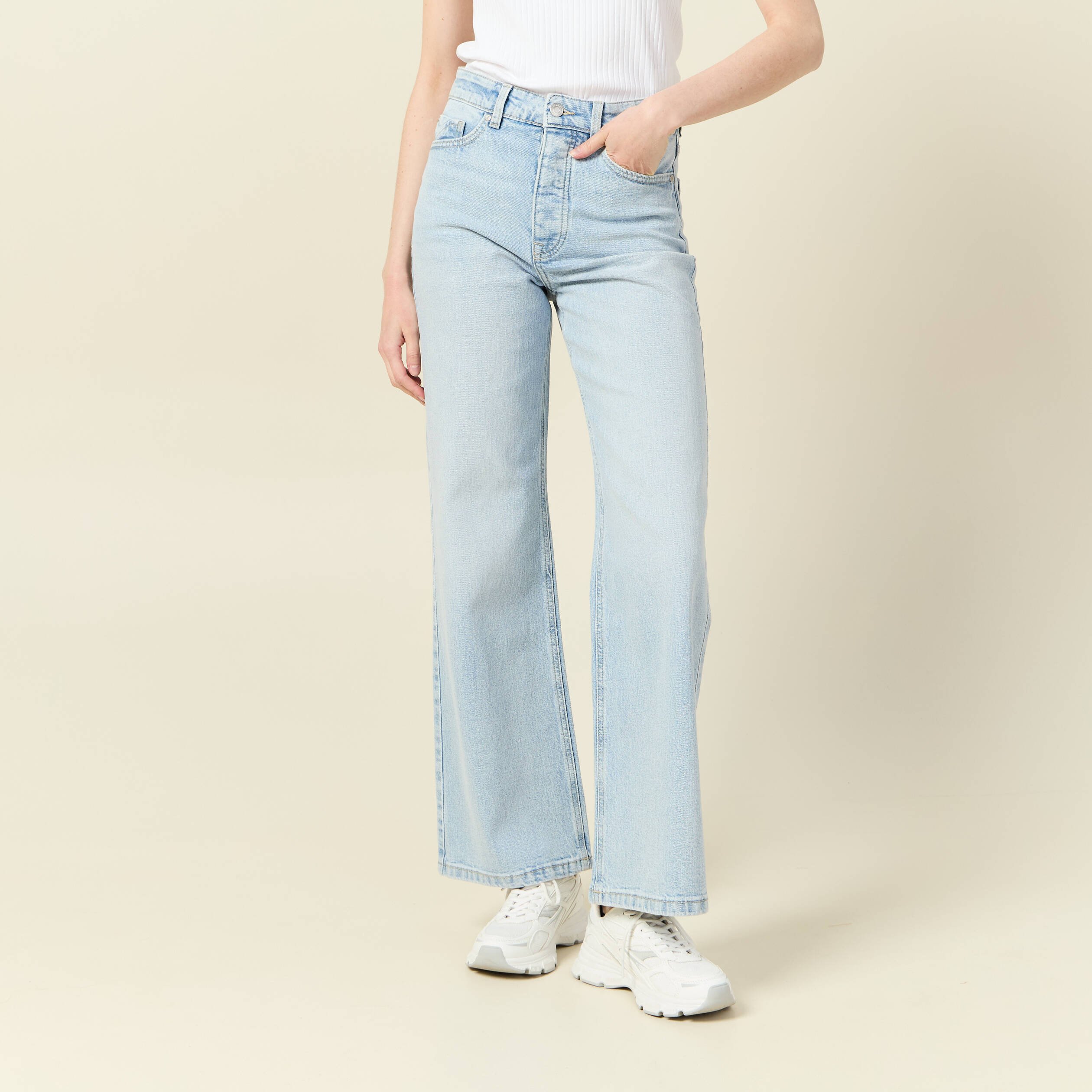 Jeans large taille haute denim bleach femme