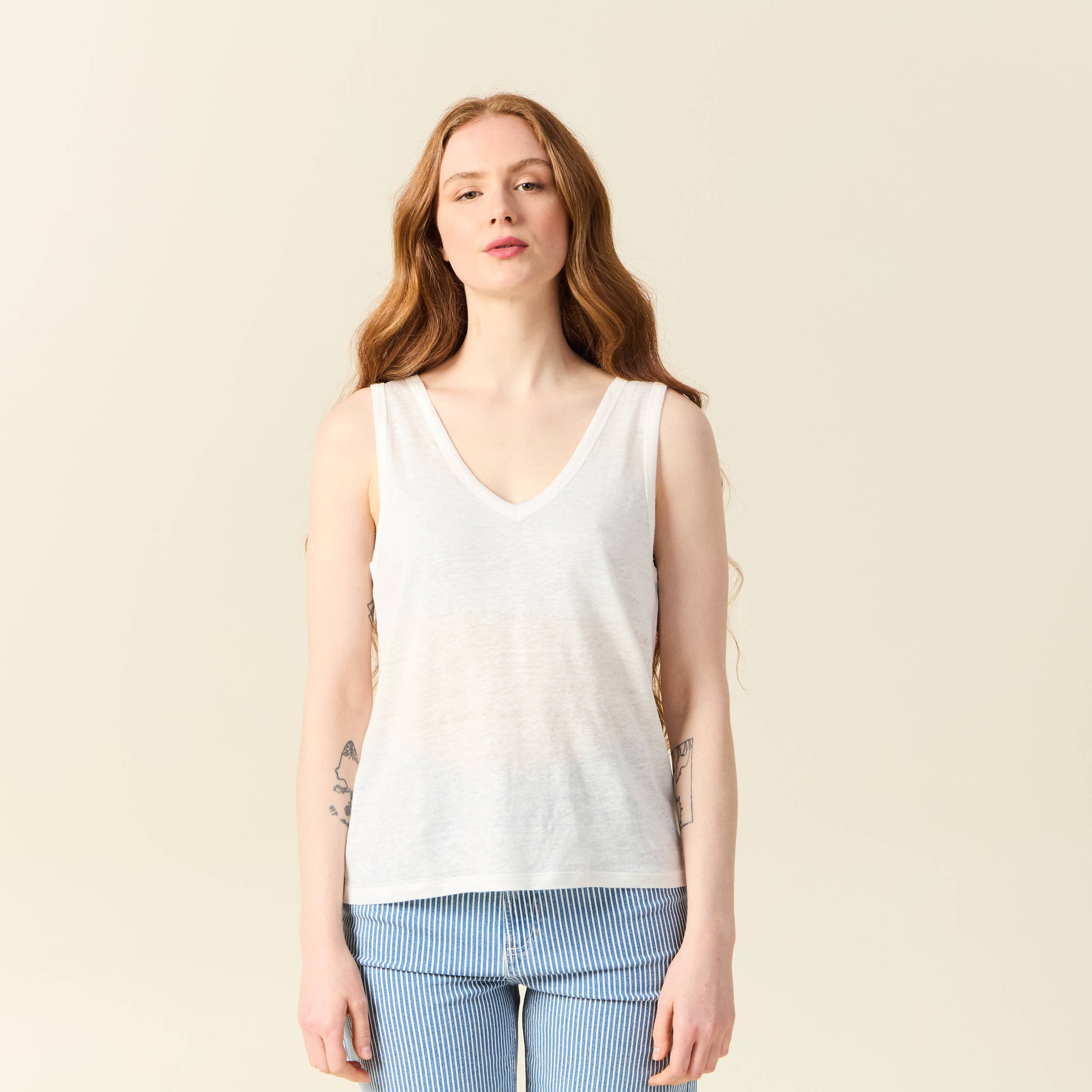 debardeur sans manches en lin ecru femme Débardeur sans manches en lin ecru femme