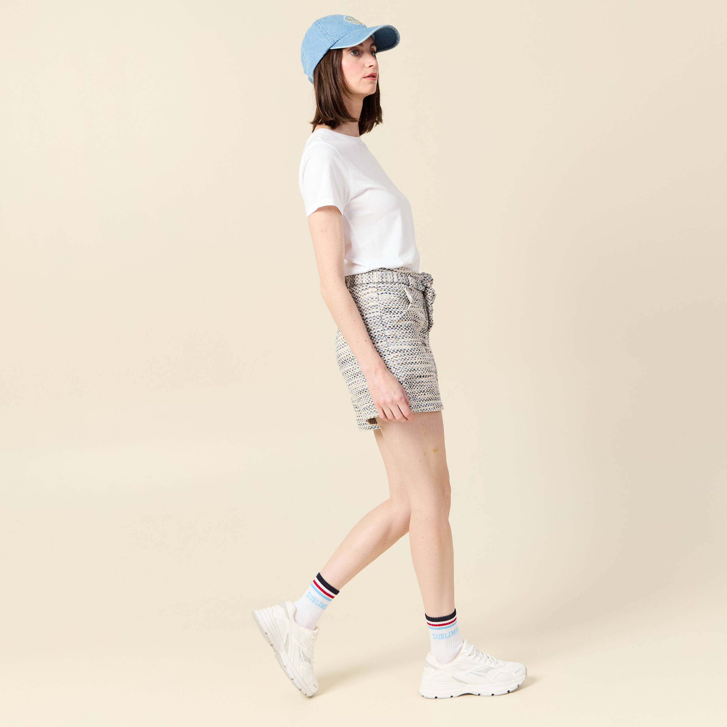 short ajuste taille haute creme femme Short ajusté taille haute creme femme