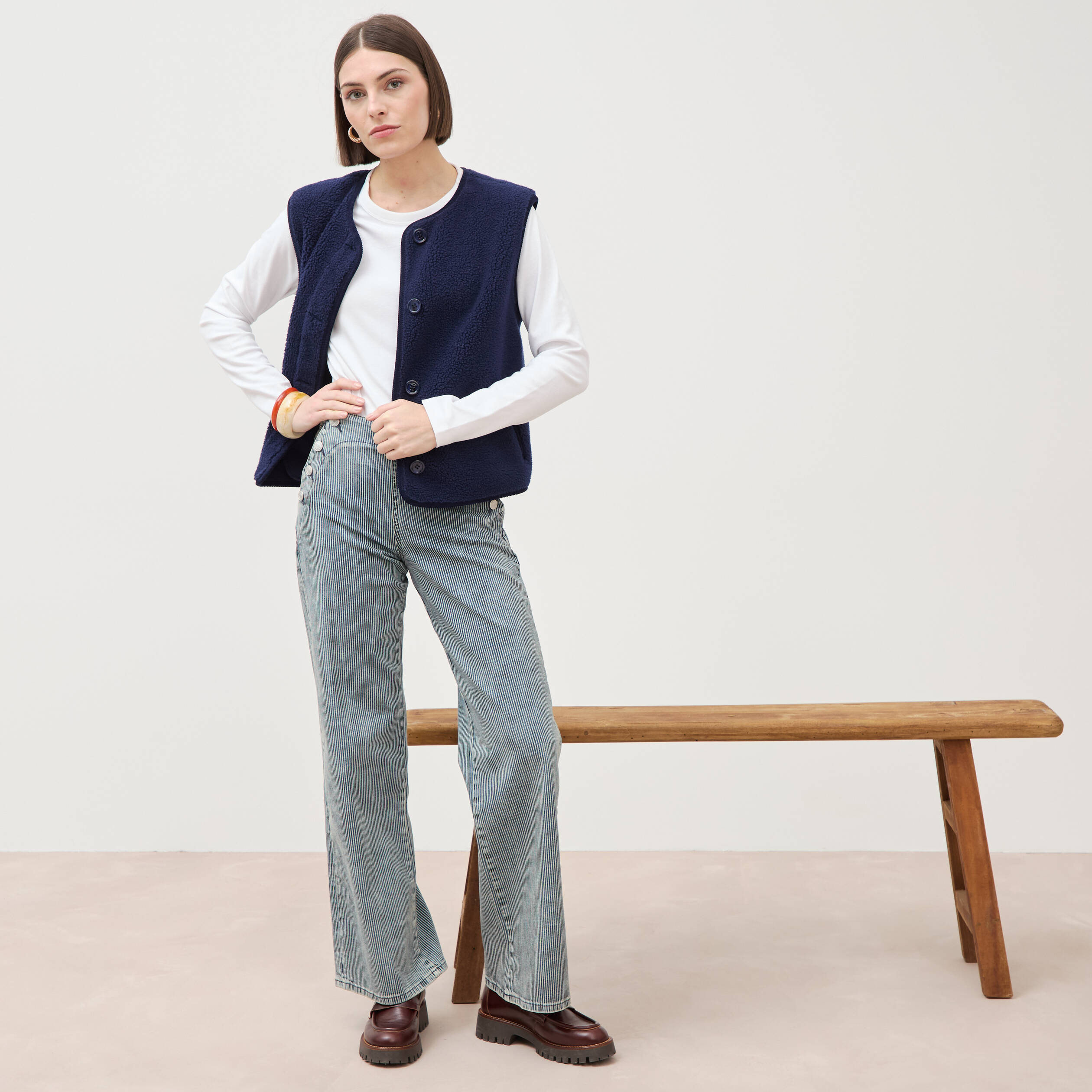 Pantalon large à pont taille haute denim used femme Bonobo - Main Image