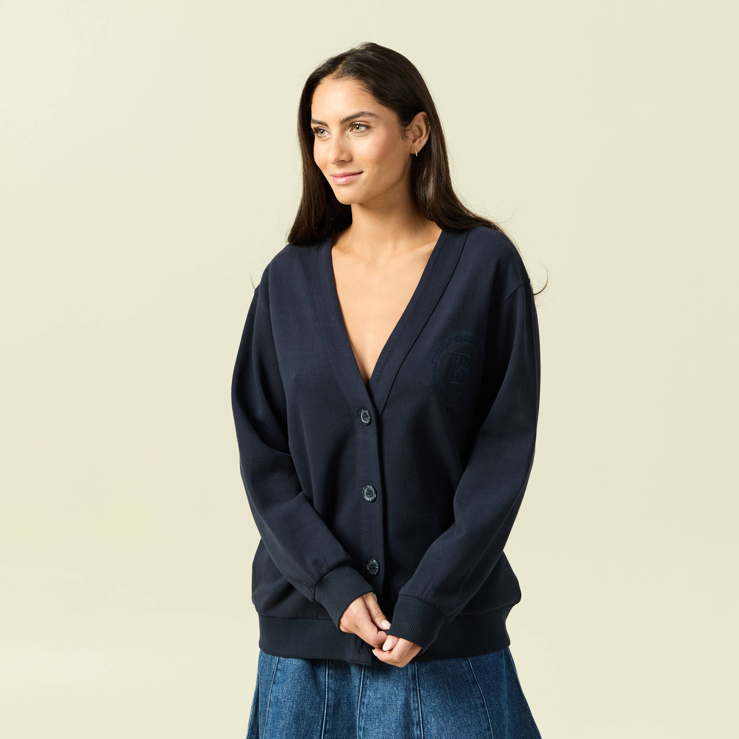 Cardigan oversize col v manches longues bleu marine femme