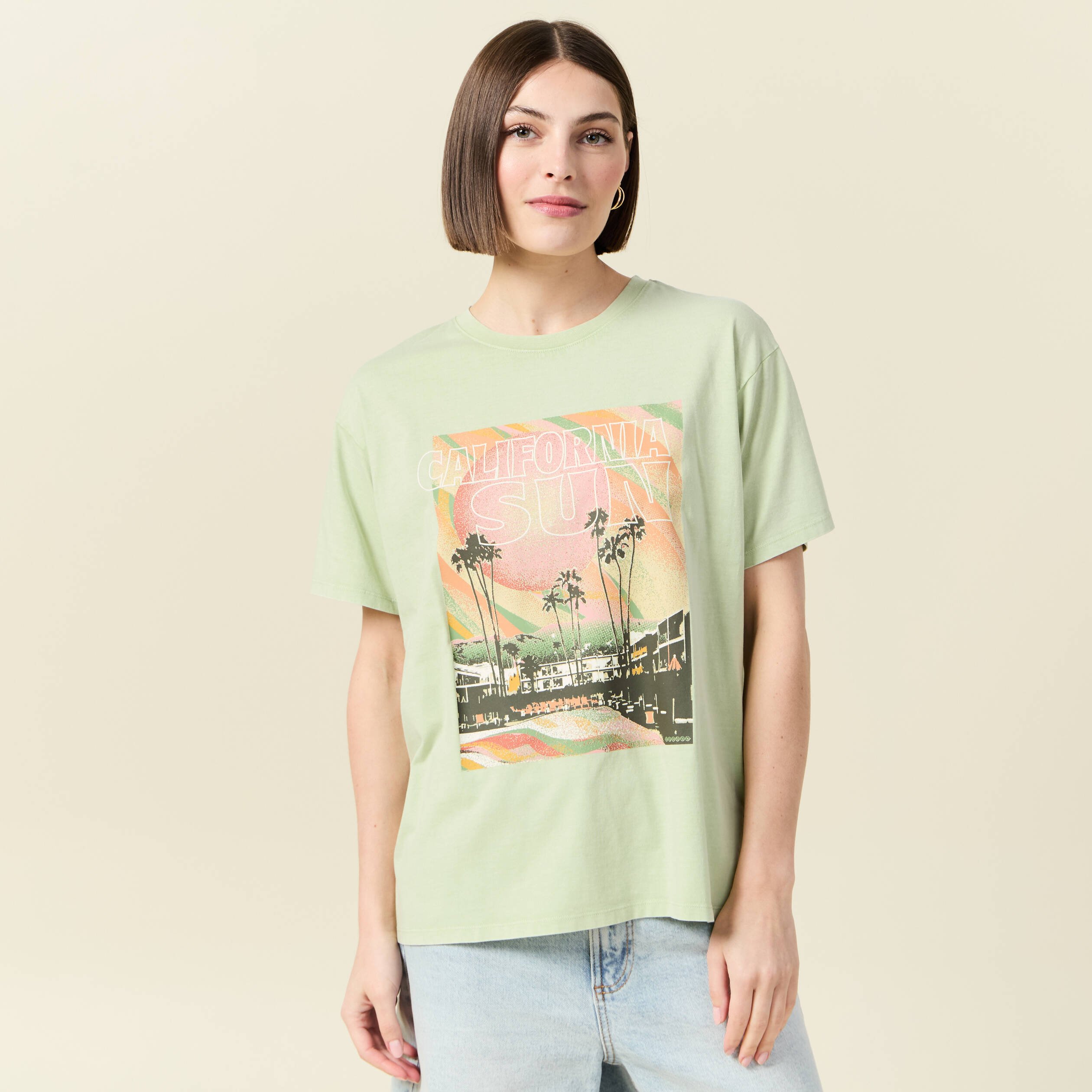t shirt oversize mi long col rond vert clair femme T-shirt oversize mi-long col rond vert clair femme