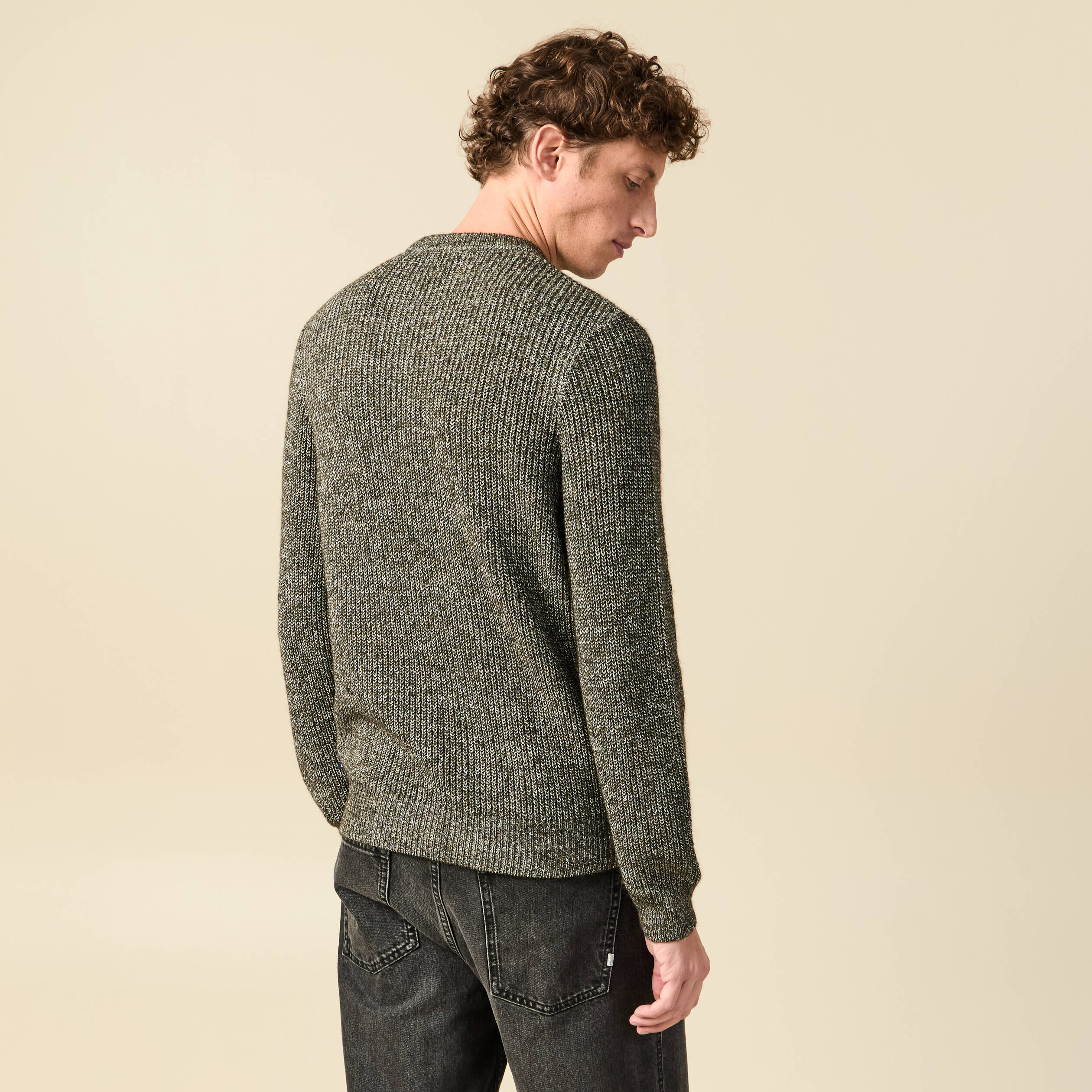 Pull manches longues col rond vert kaki homme