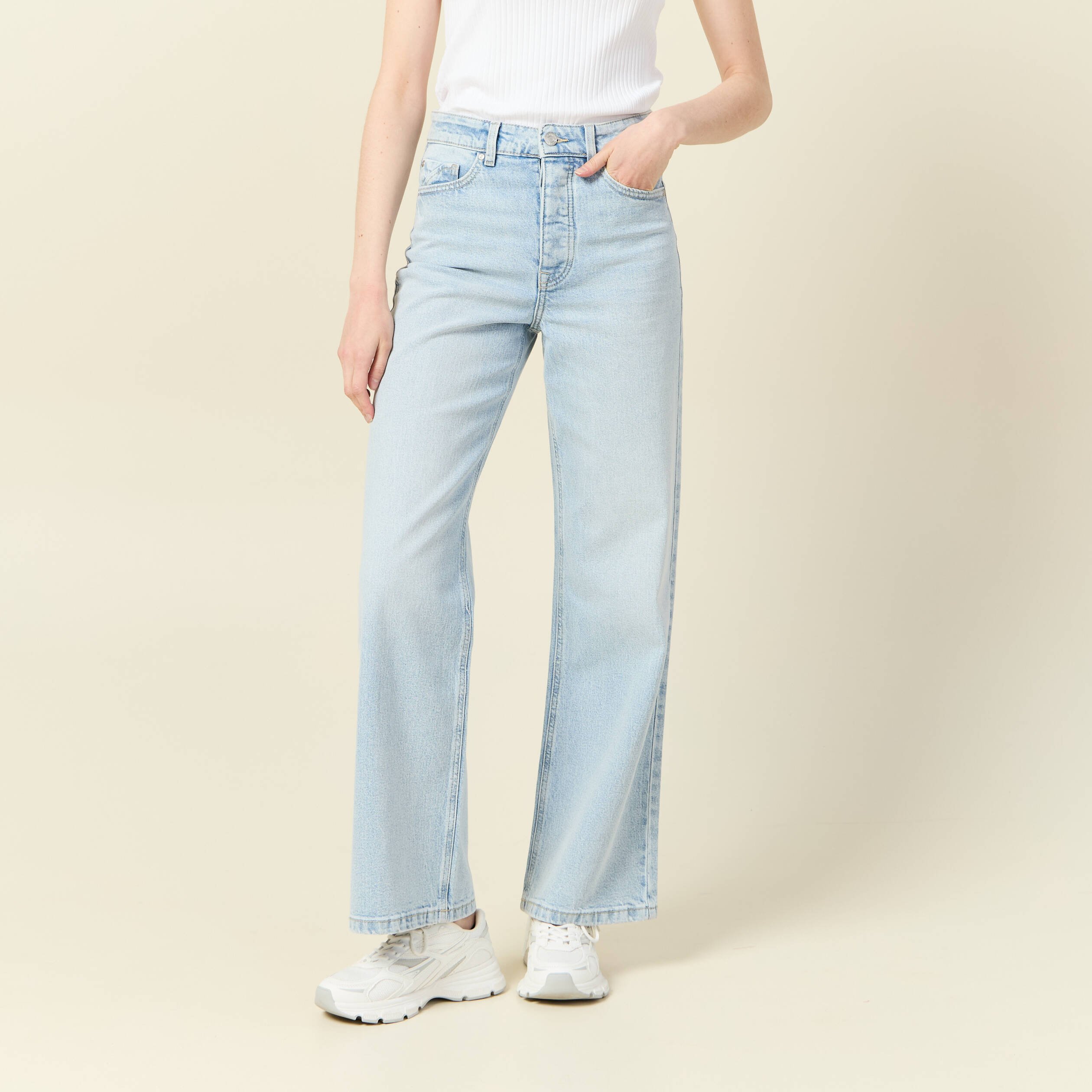Jeans large taille haute denim bleach femme