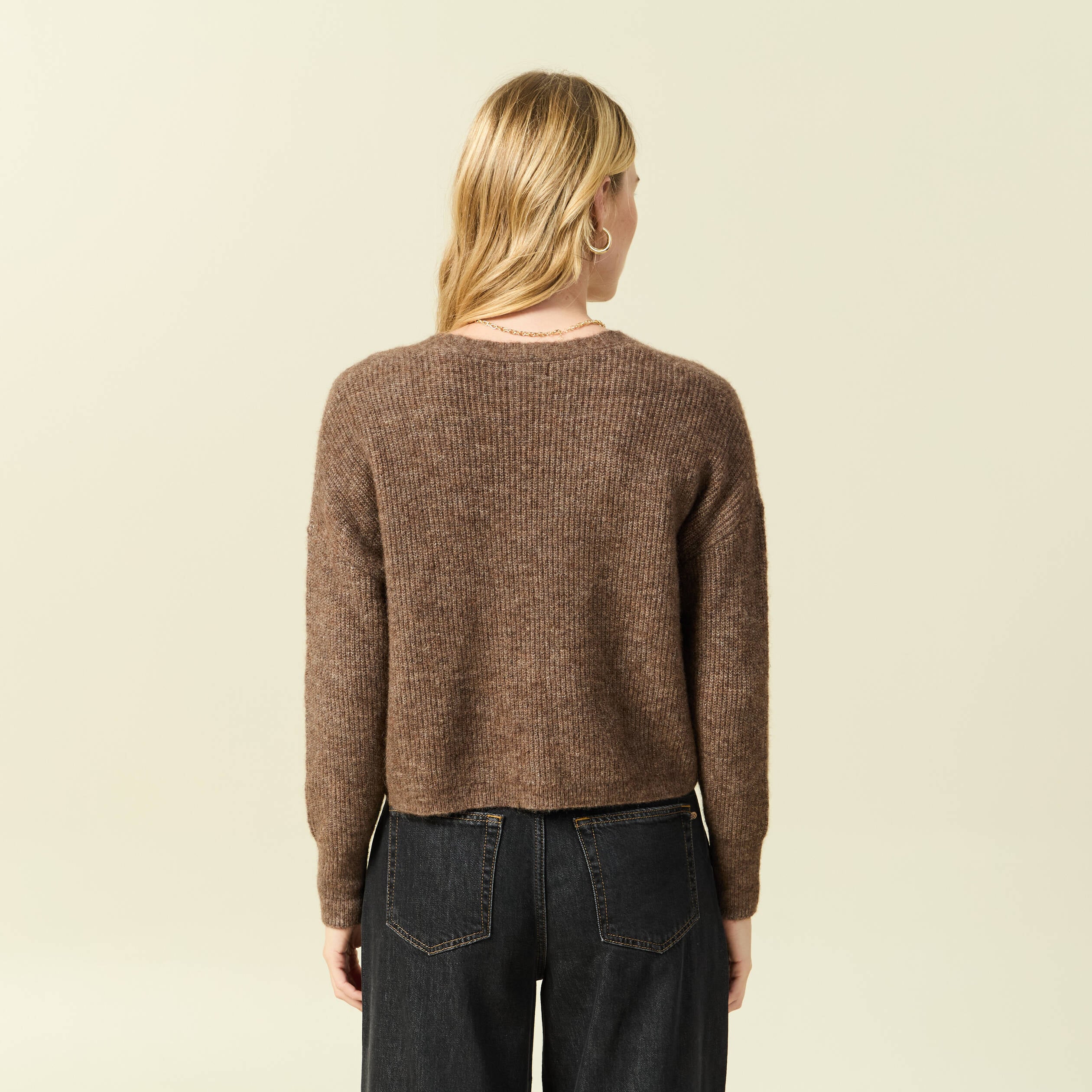 Gilet col V manches longues n&oelig;uds marron femme