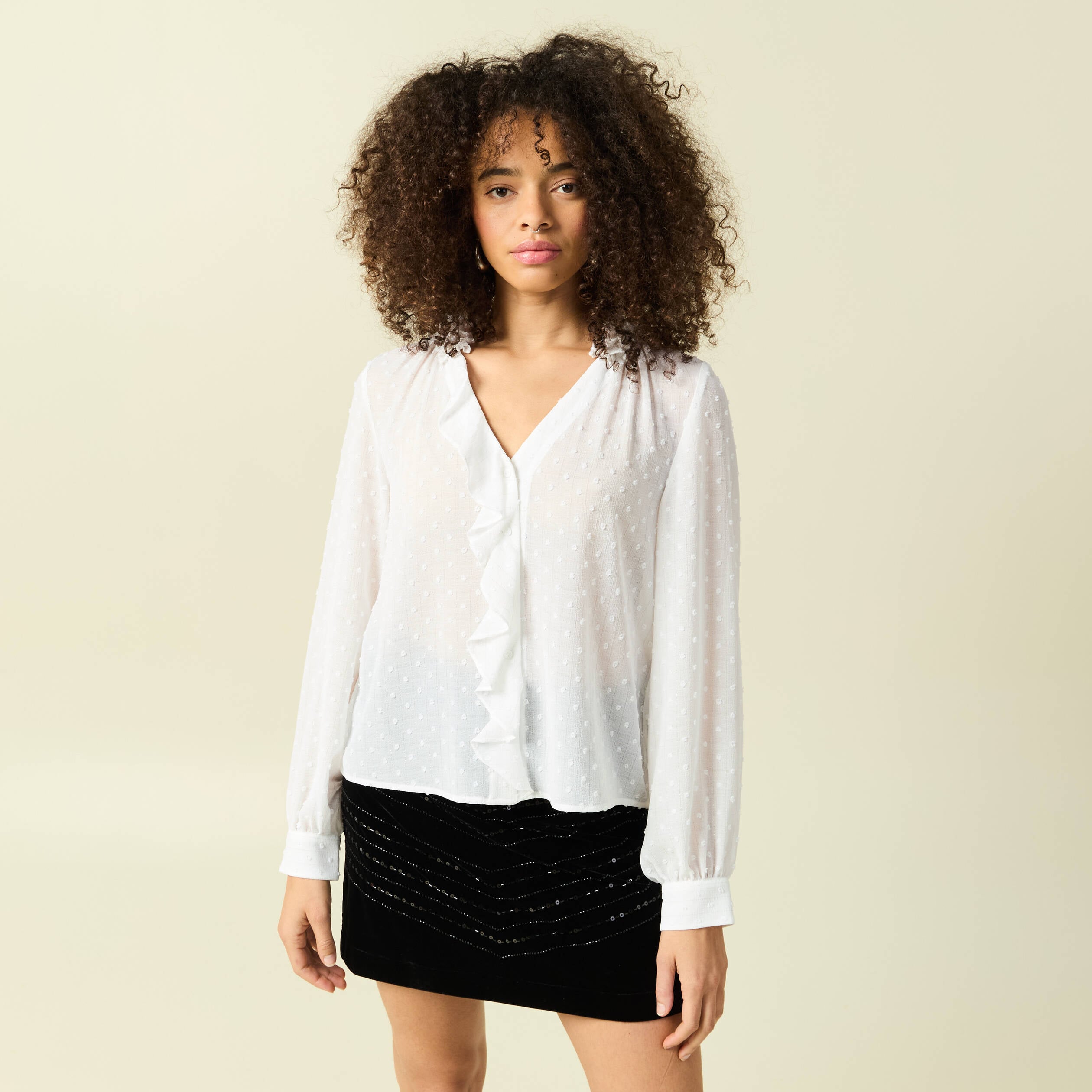 Blouse manches longues col tunisien blanc femme