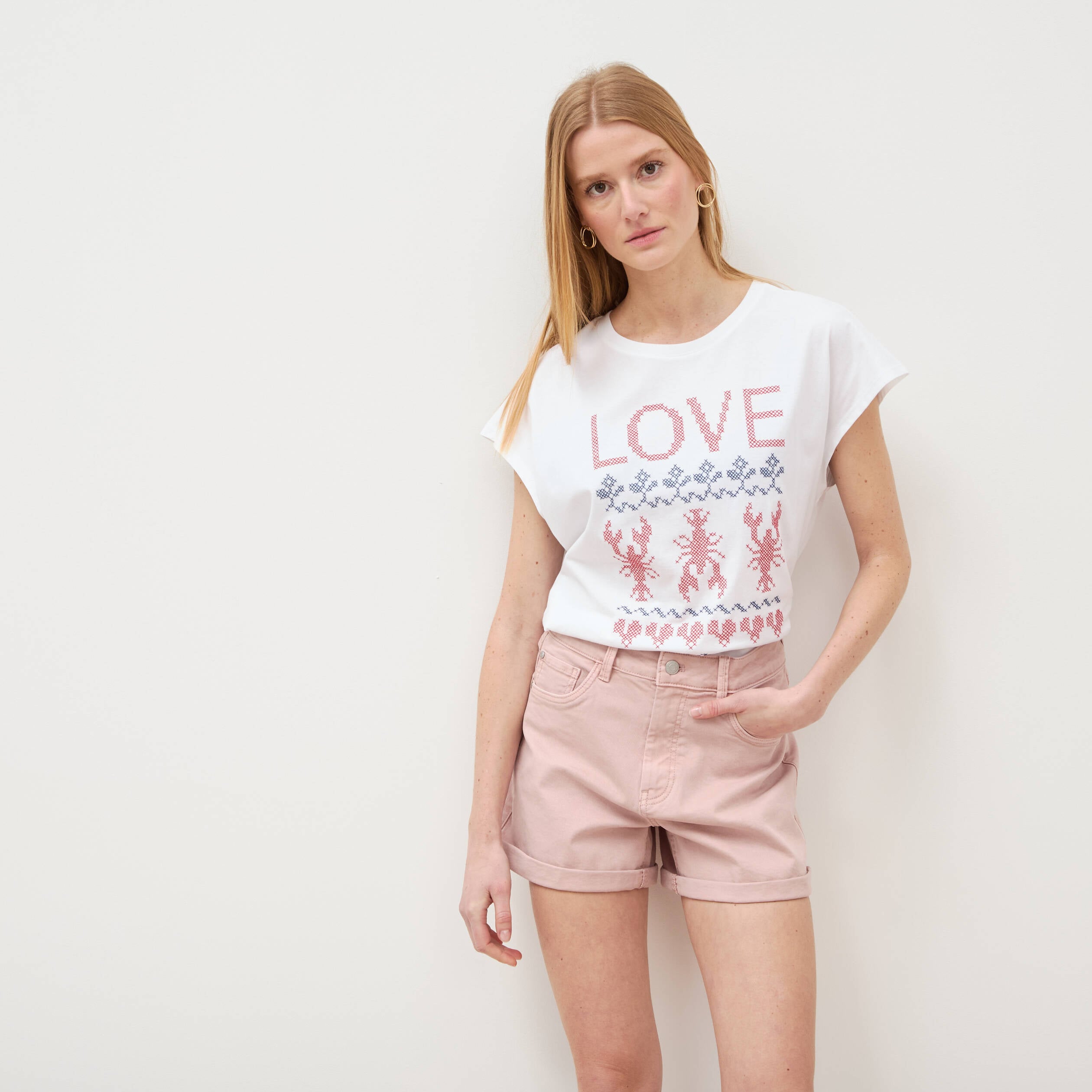 Short mom taille haute rose clair femme