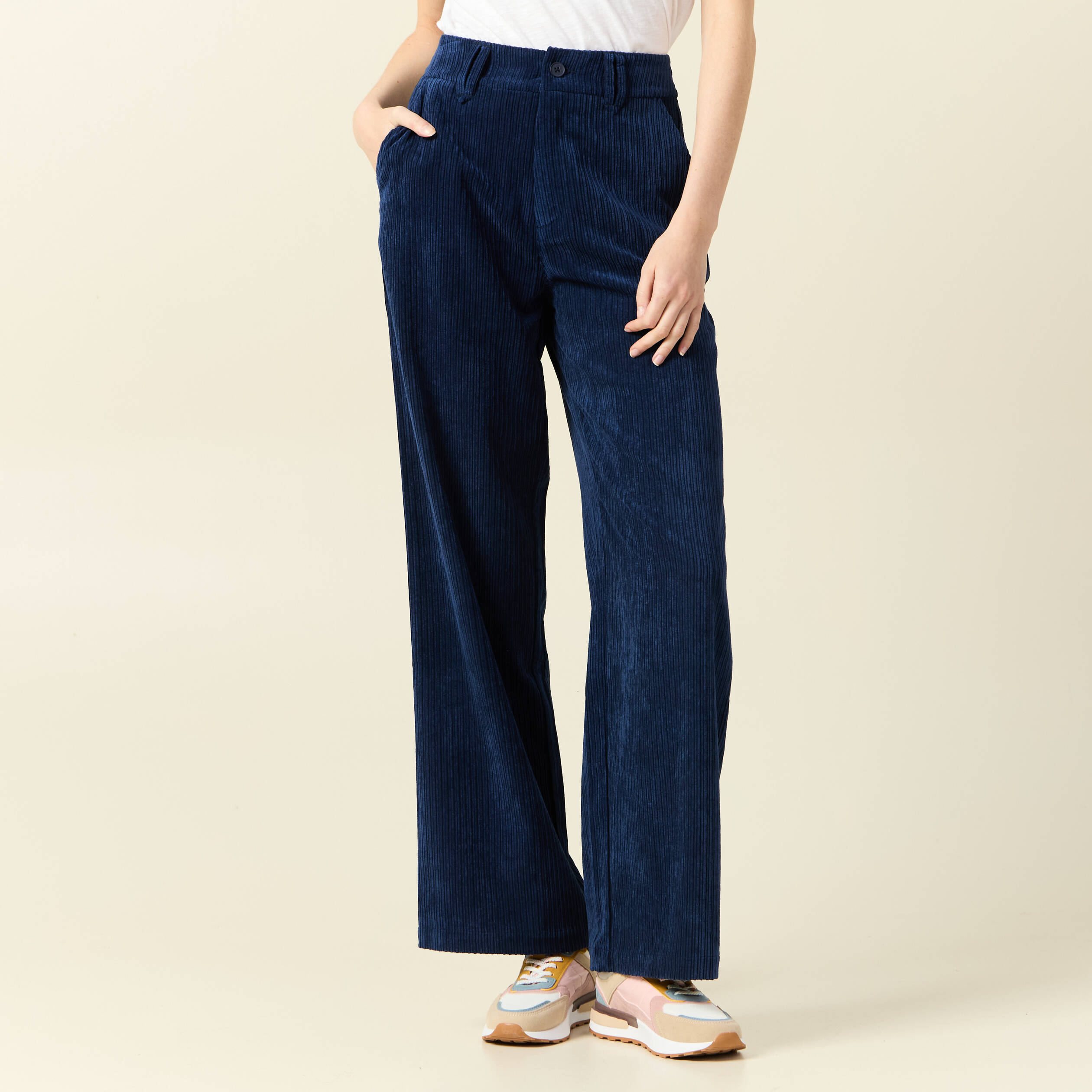 Pantalon large velours pinces bleu marine femme Bonobo