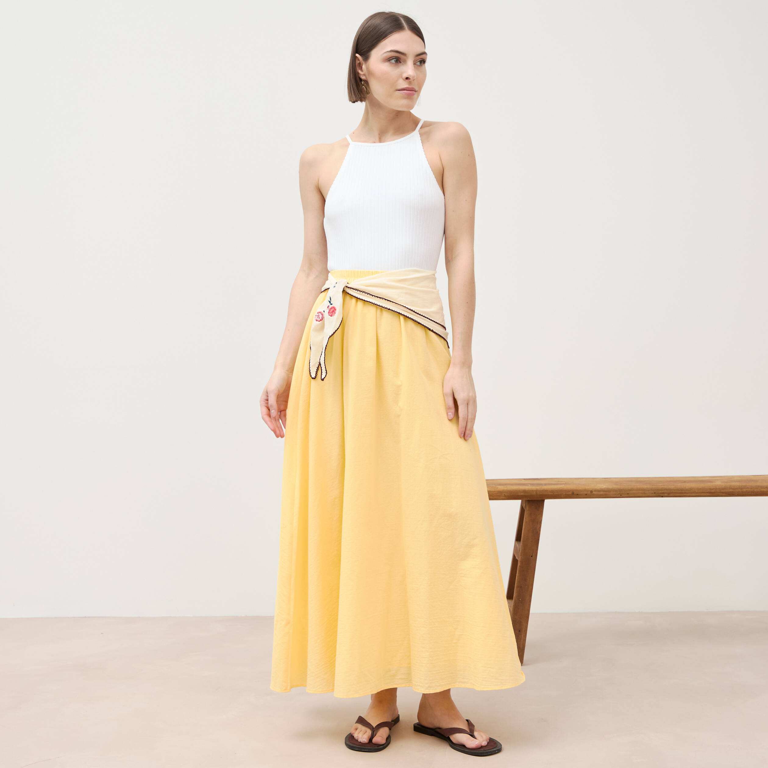 Jupe longue &eacute;vas&eacute;e en coton doubl&eacute;e jaune clair femme
