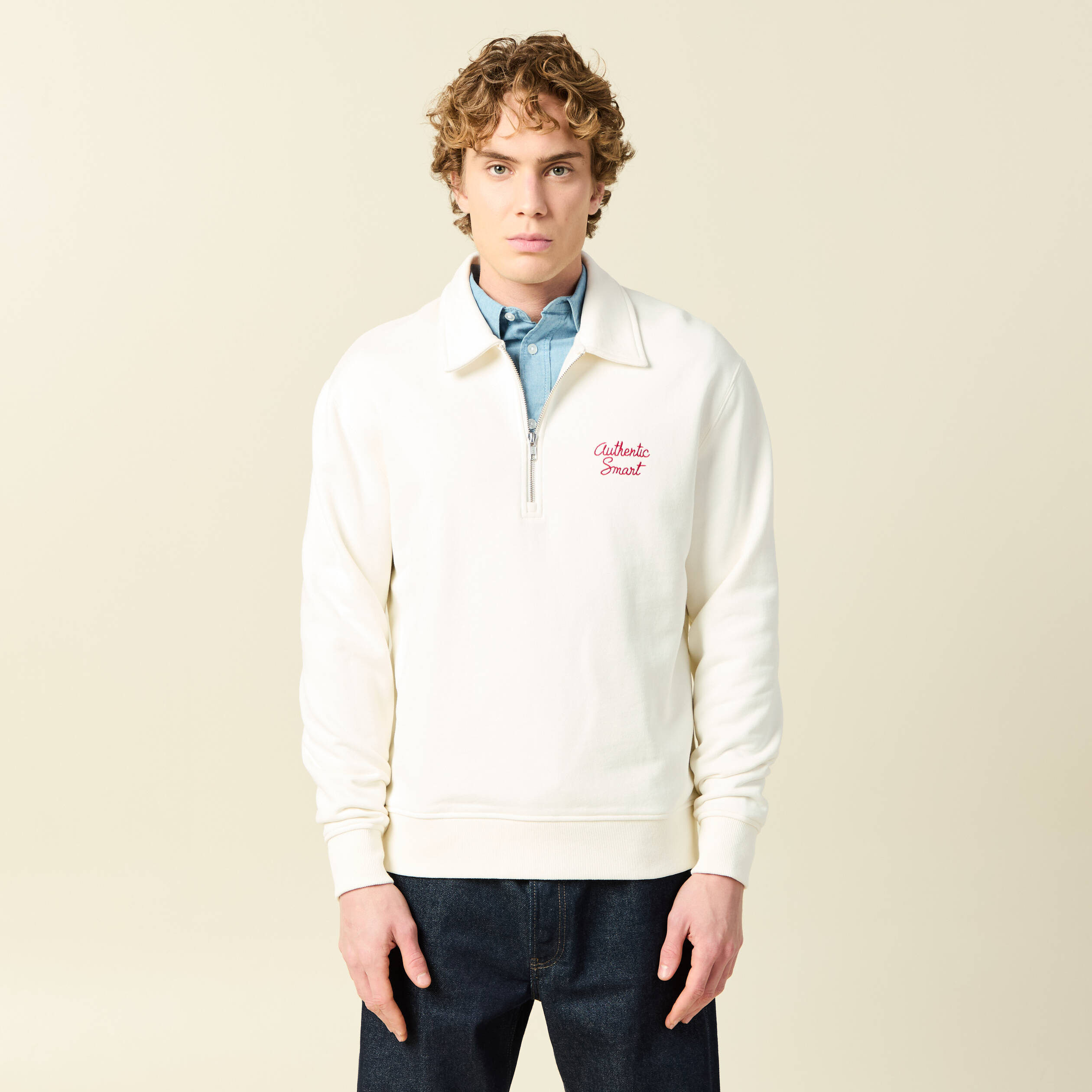 Sweat manches longues col zipp&eacute; en coton ecru homme