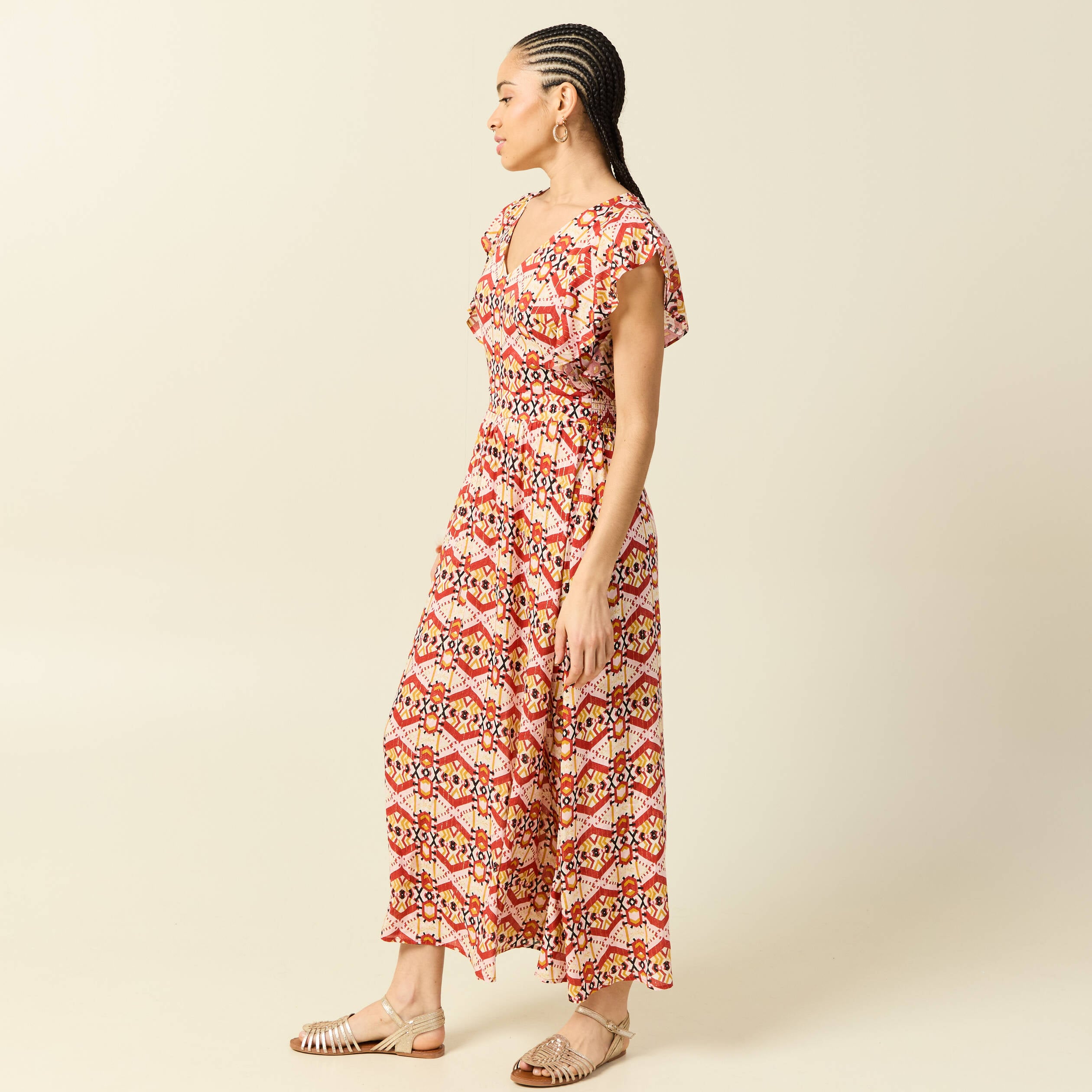 Robe longue &eacute;vas&eacute;e col v manches courtes bordeaux femme