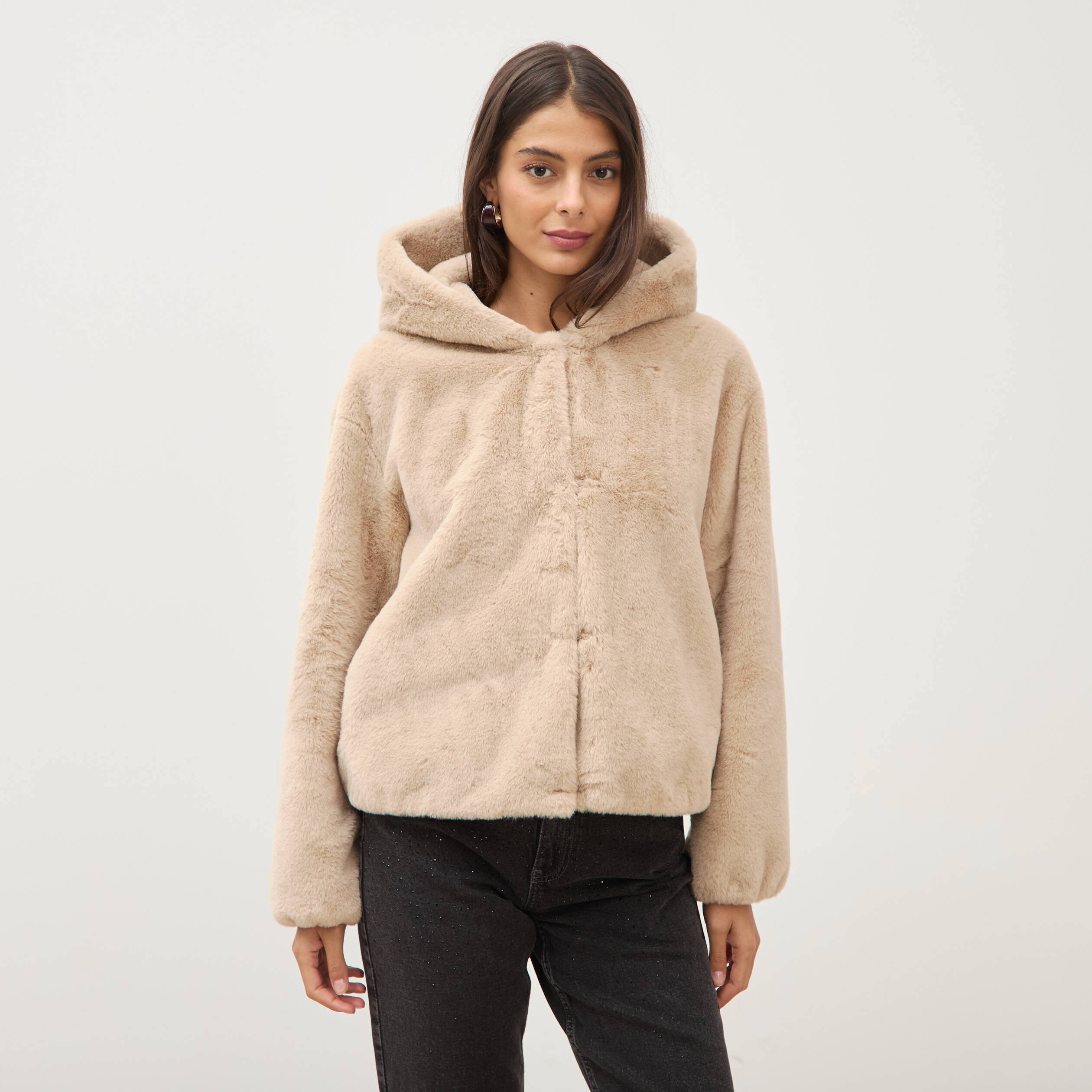 Blouson ample court col montant beige femme