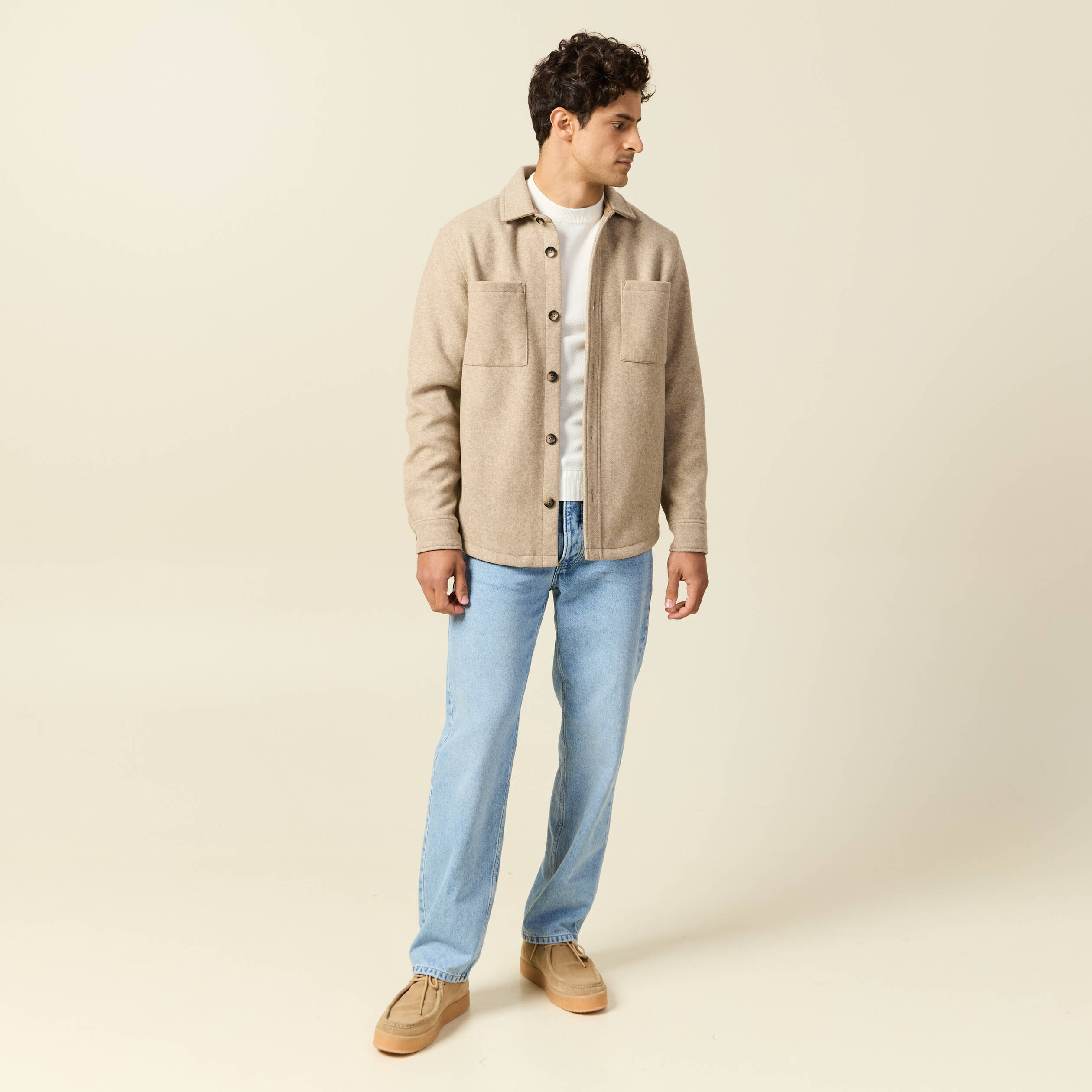 Pull col rond manches longues ecru homme