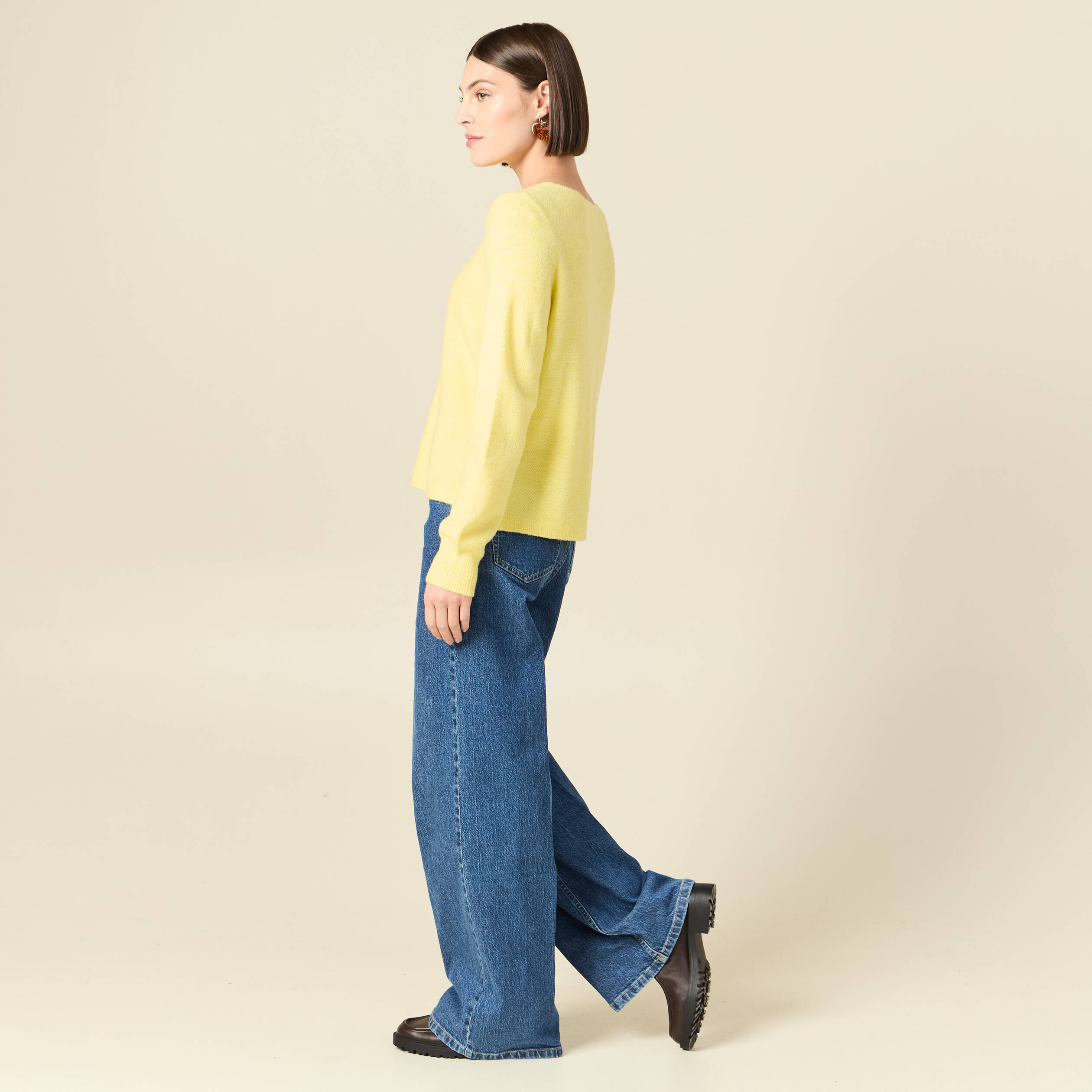 Pull col bateau manches longues jaune clair femme
