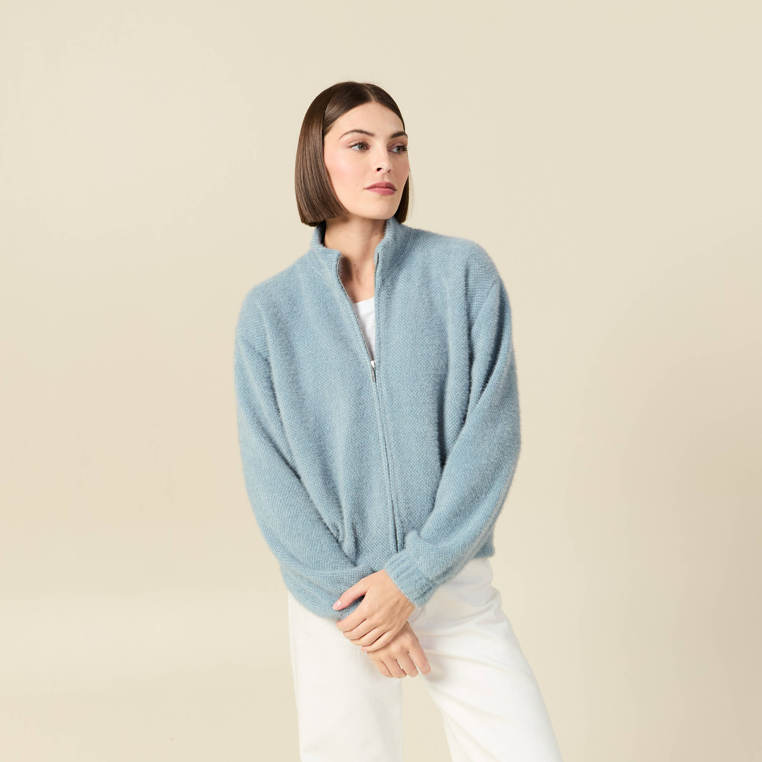 Gilet zipp&eacute; manches longues gris femme