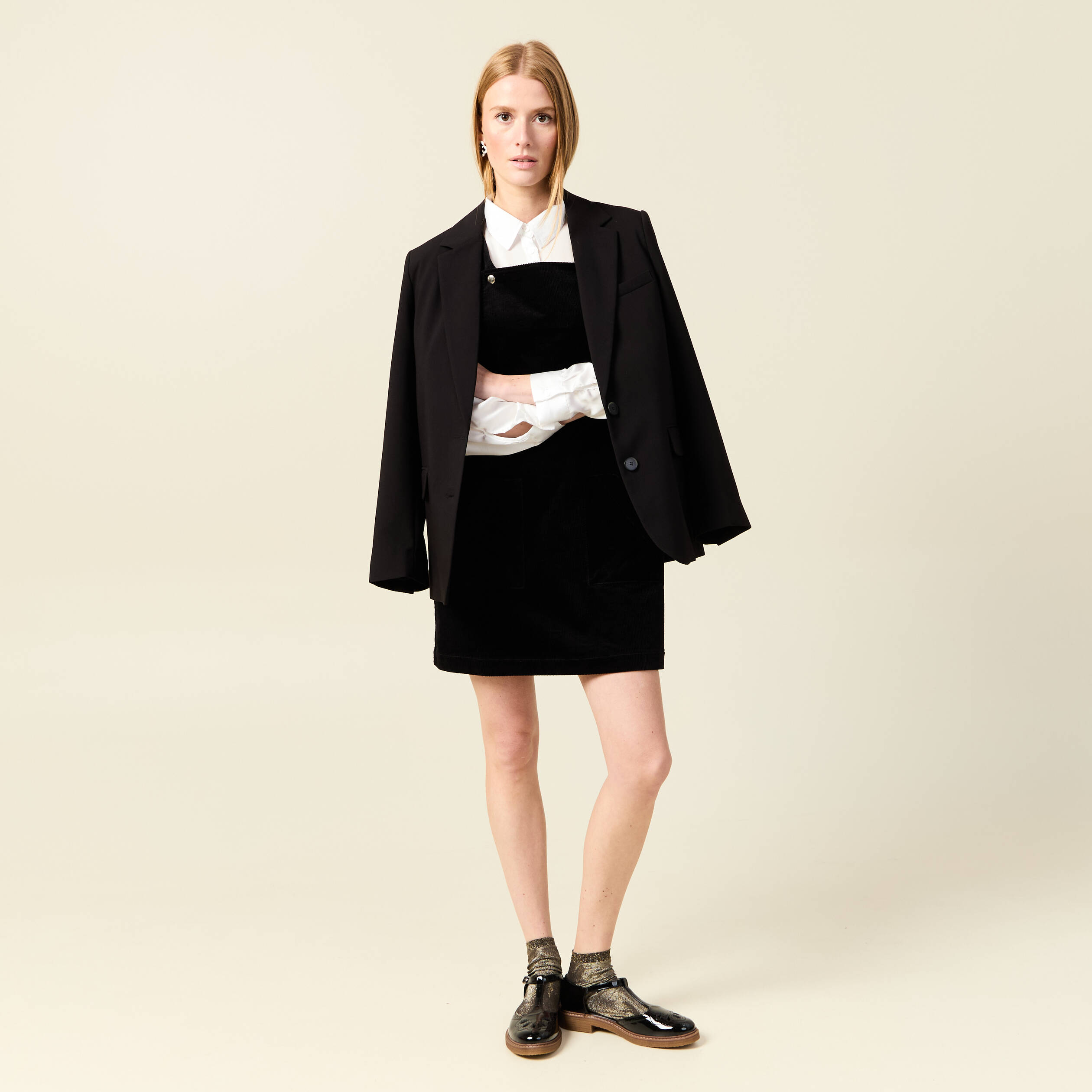 Robe chasuble trapèze velours noir femme Bonobo