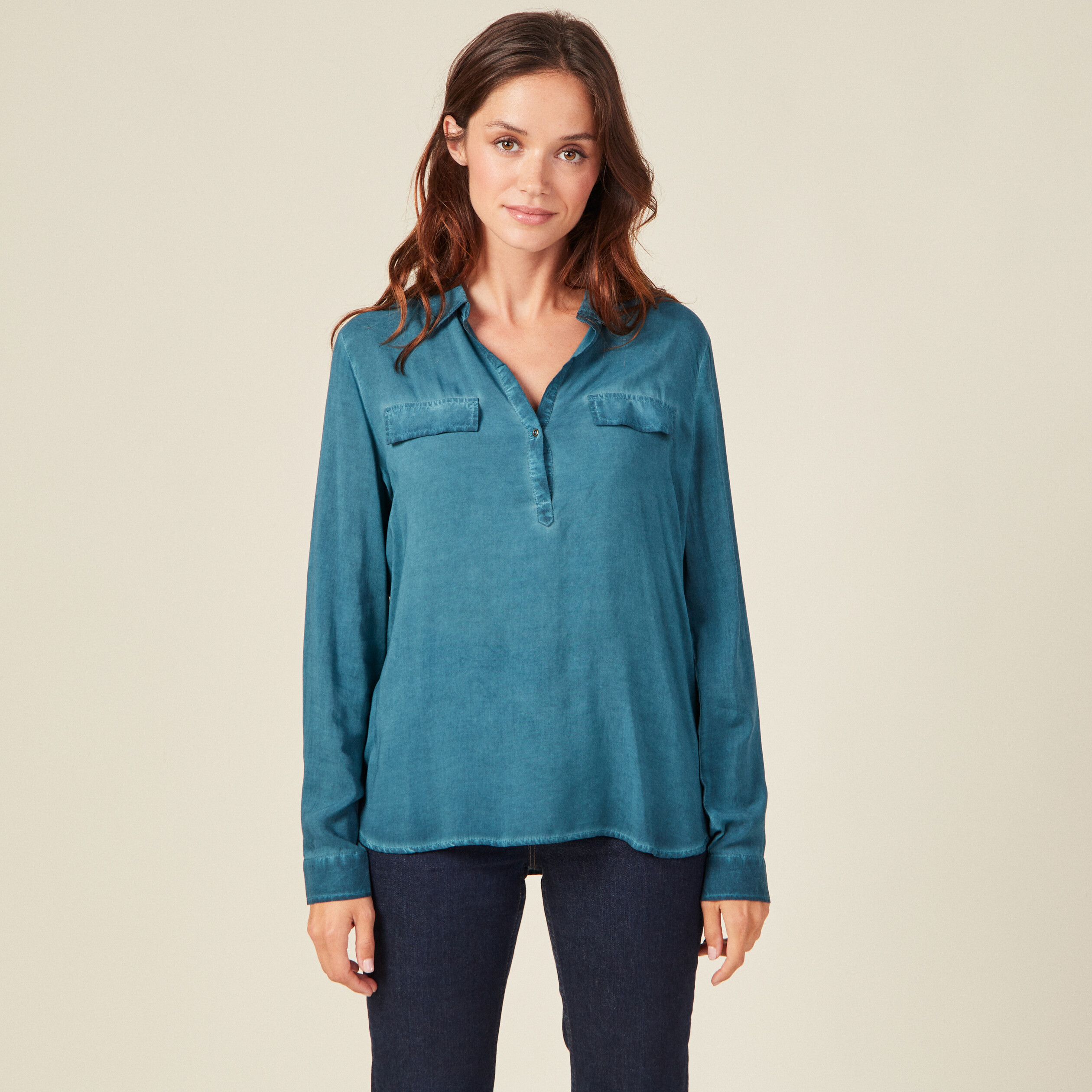 Blouse manches longues poches bleu pétrole femme