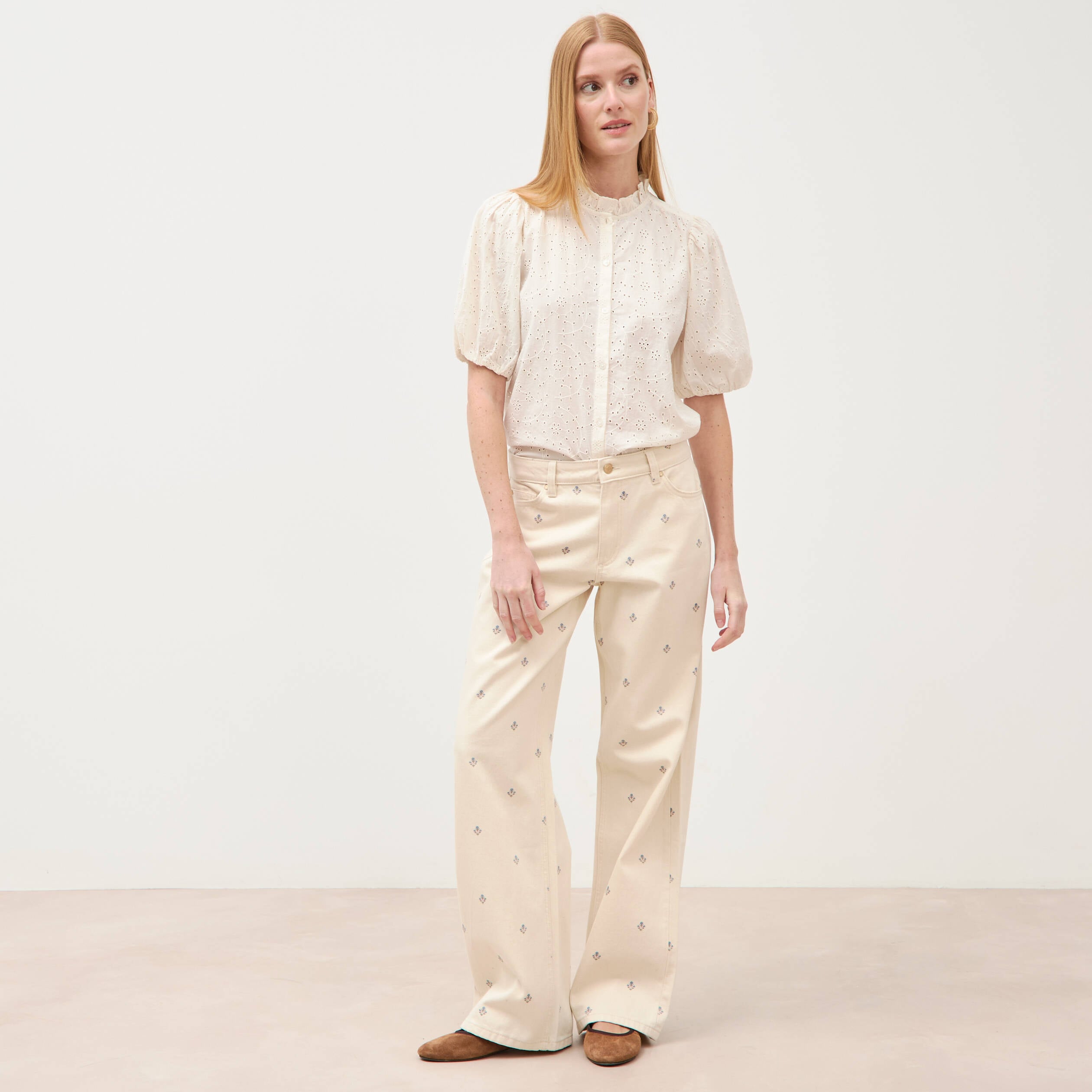 Chemise en coton manches coude creme femme