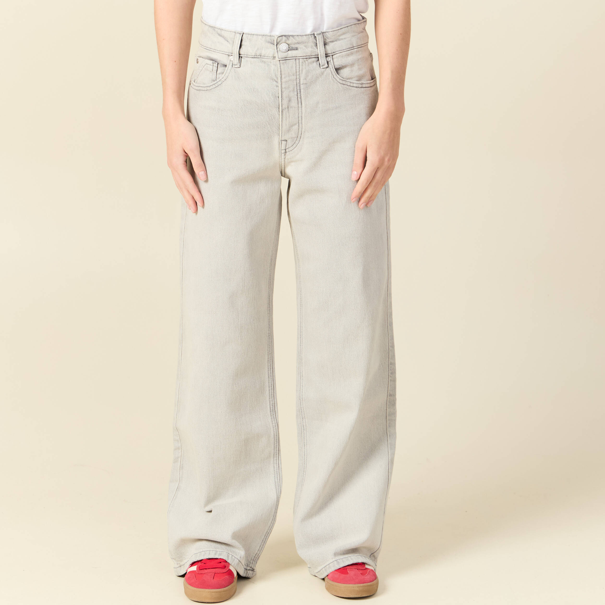 Jeans large taille haute denim gris clair femme
