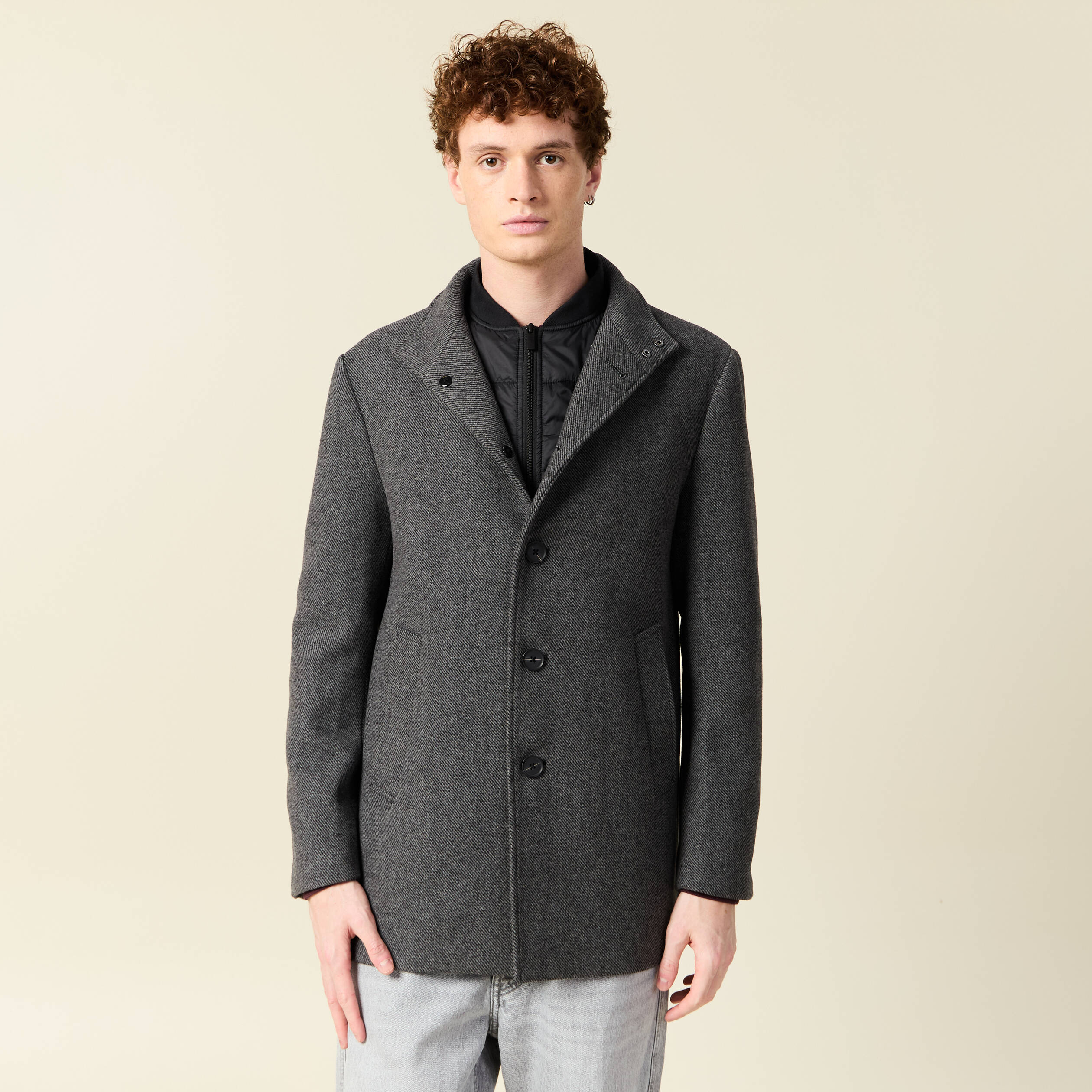 Manteau droit mi-long col montant gris fonc&eacute; homme