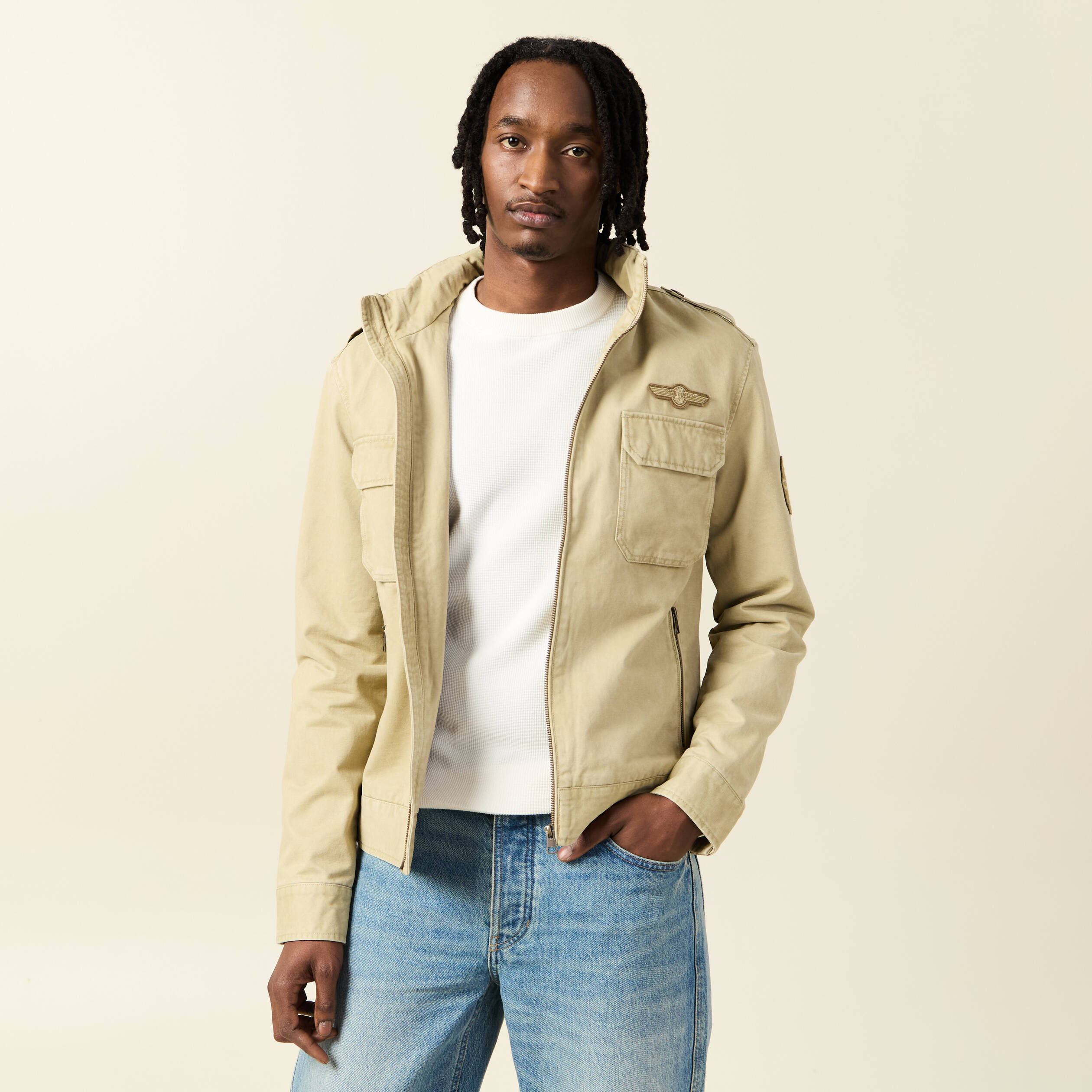 Blouson style biker zipp&eacute; beige homme