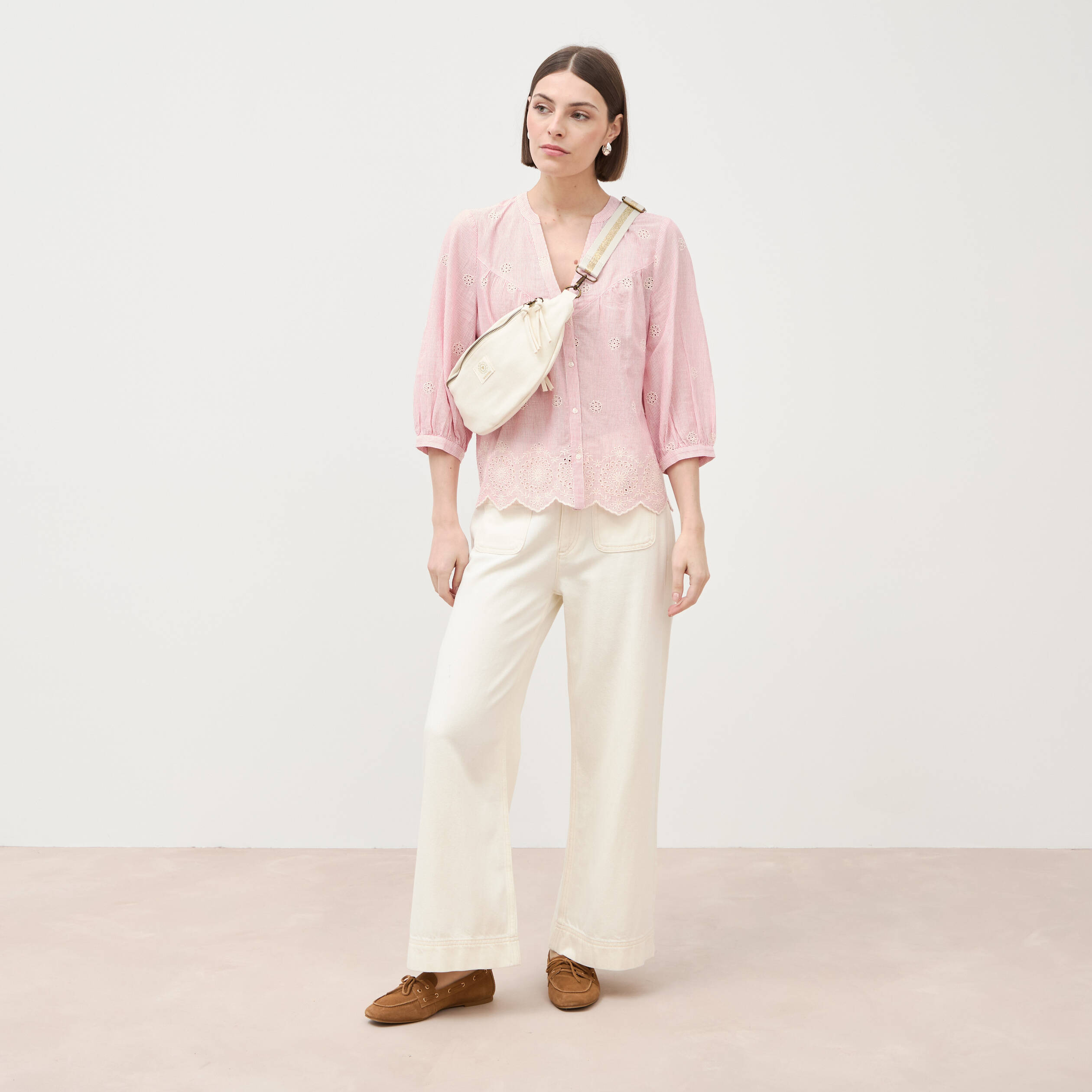 Jeans loose cropped taille standard ecru femme