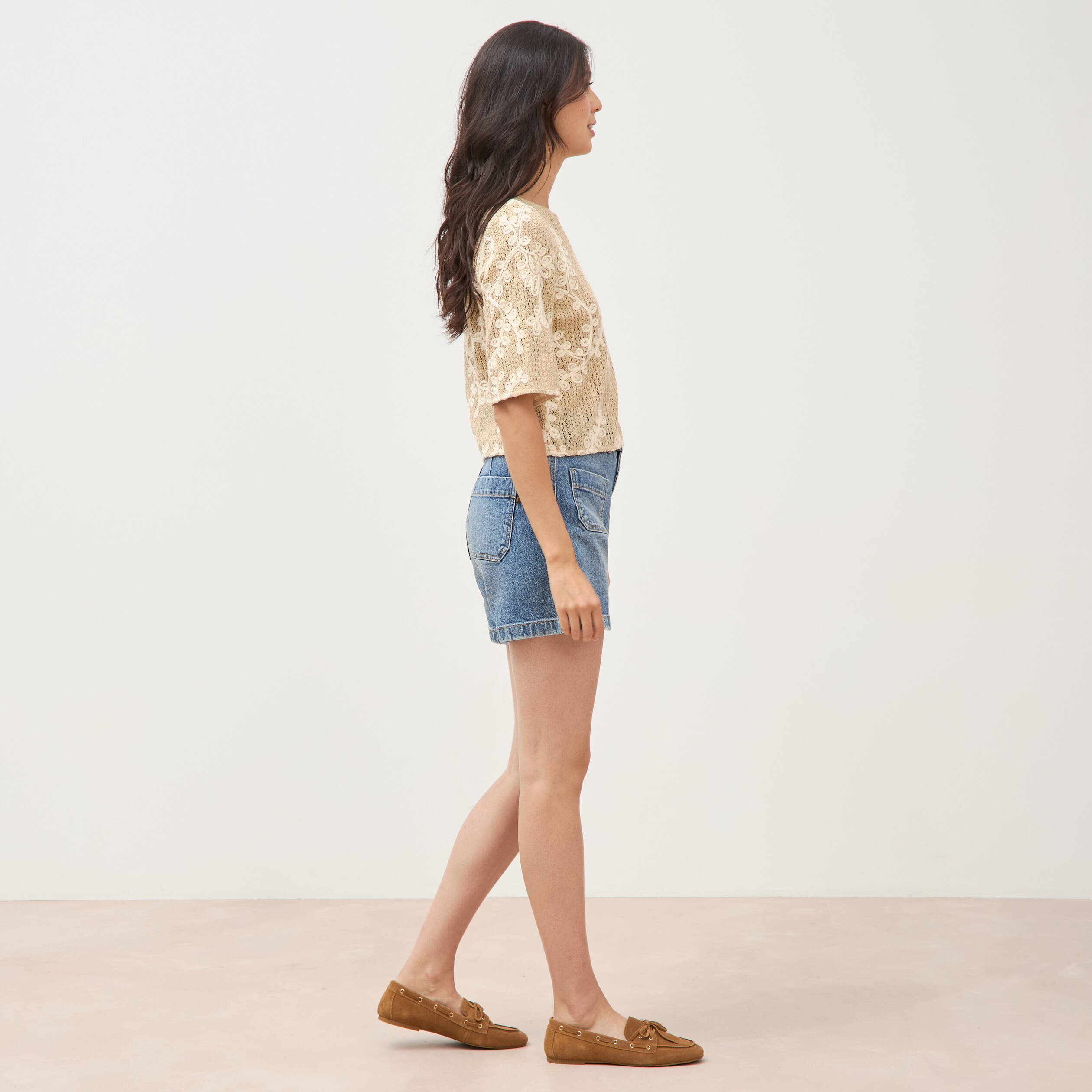 T-shirt brod&eacute; col rond manches 3/4 beige femme