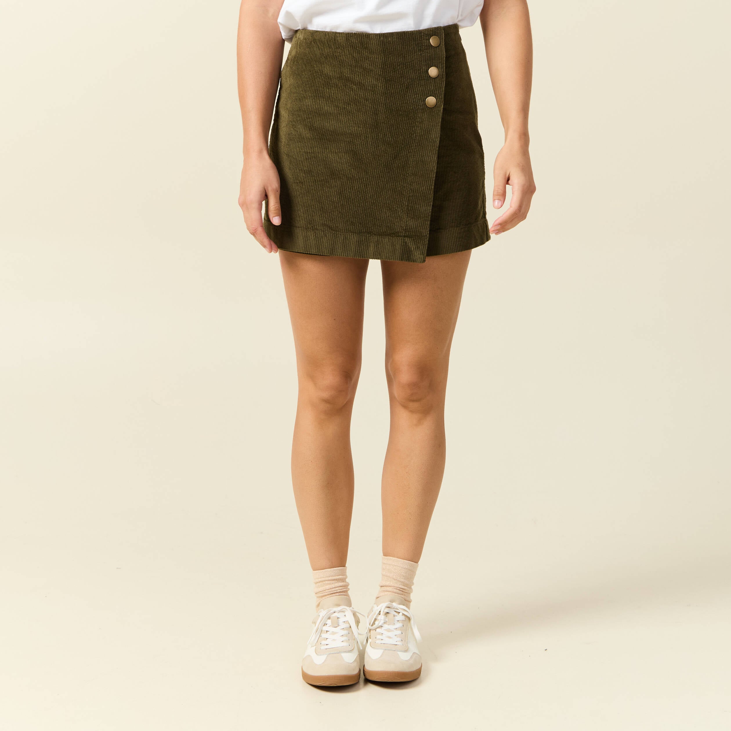Jupe-short taille haute en velours vert kaki femme
