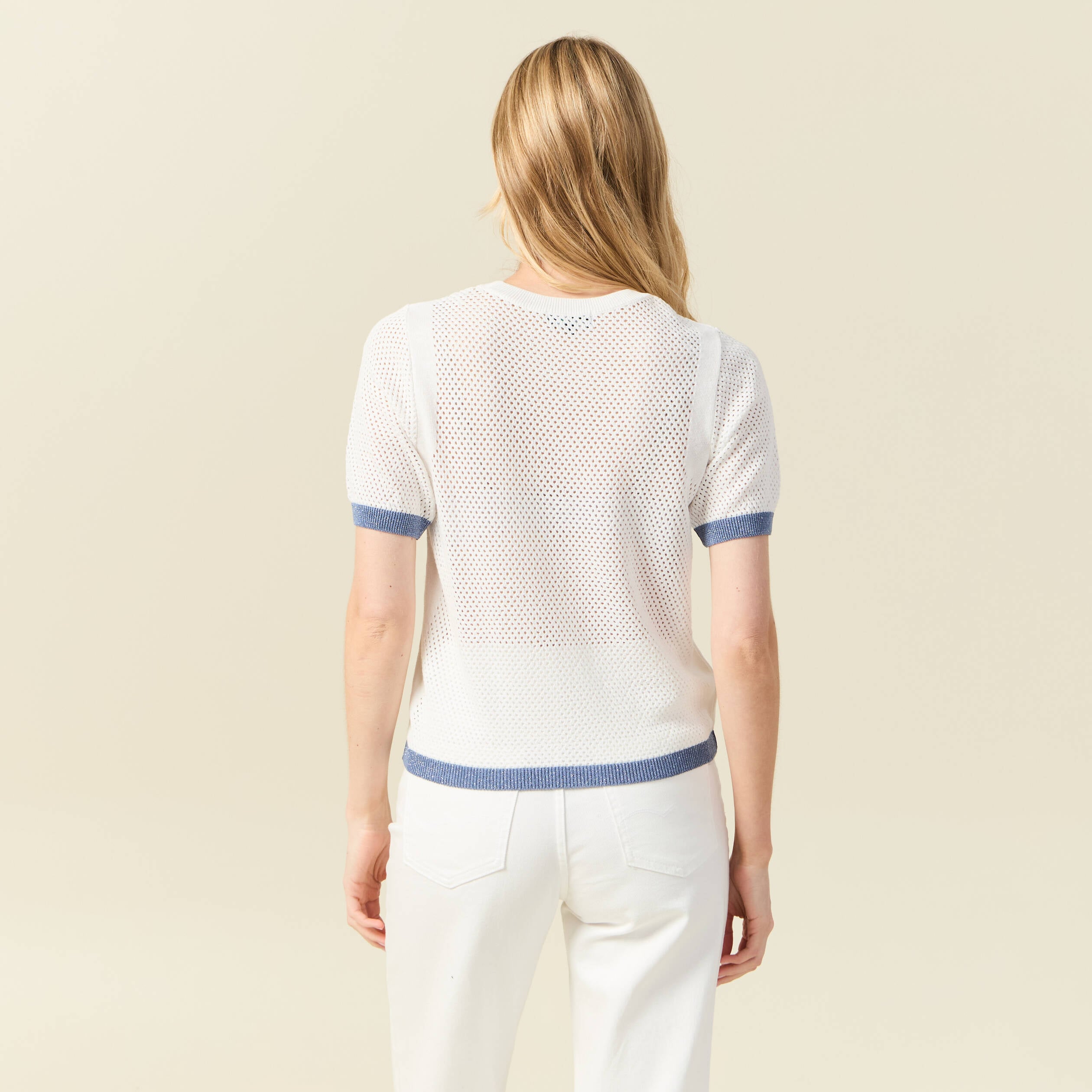 Pull manches courtes ajour&eacute; ecru femme