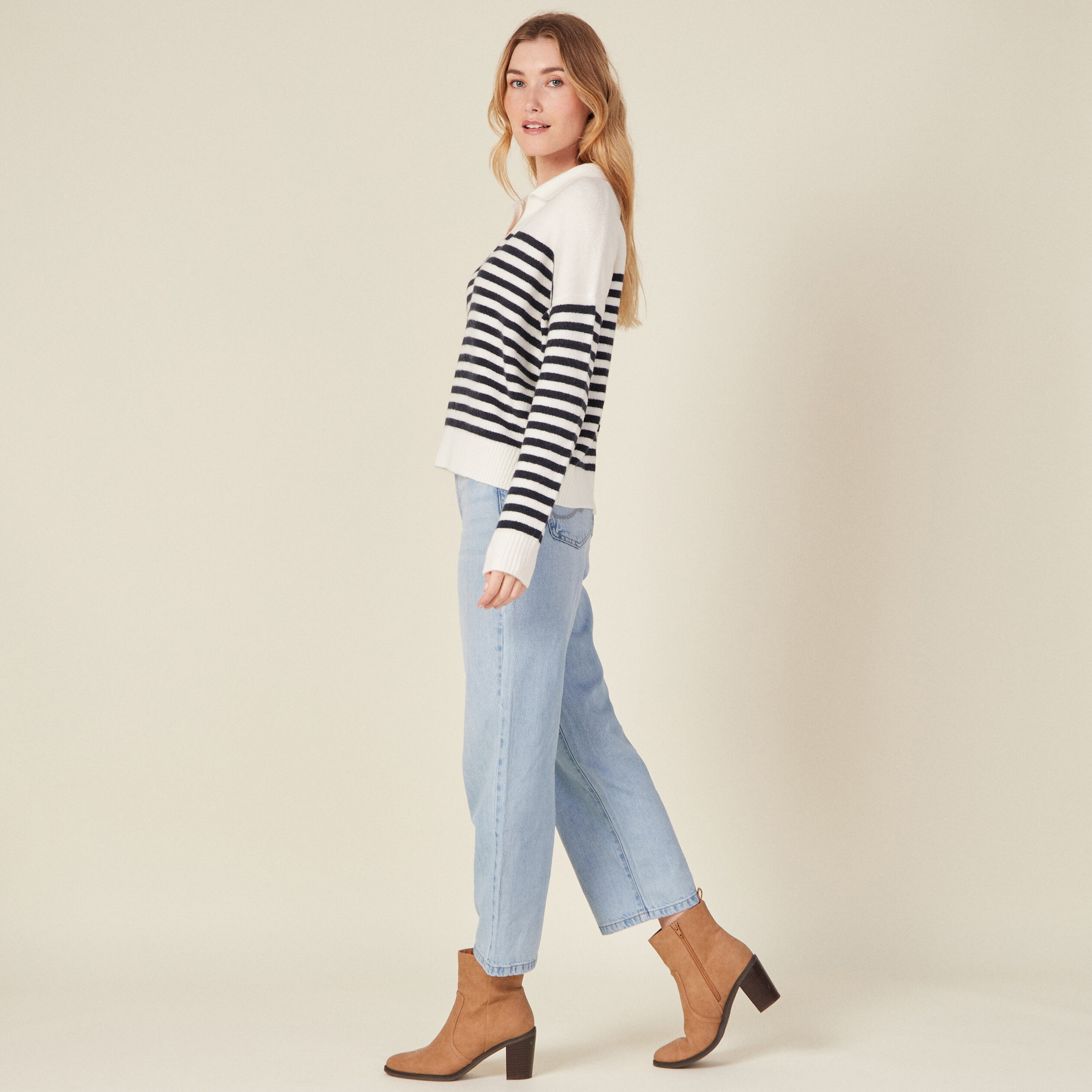 Pull col polo ecru femme